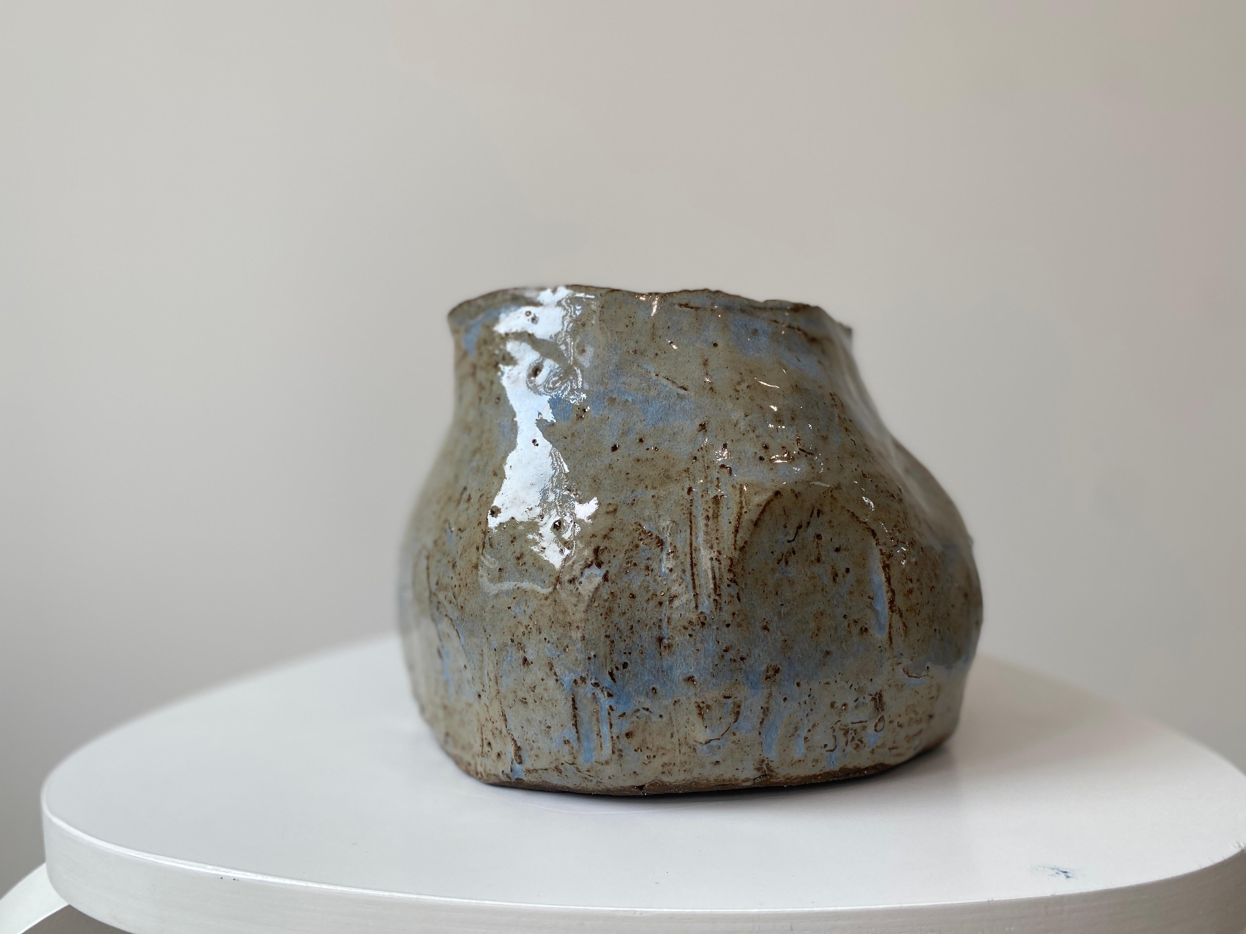 Grey blue rustic wabi sabi hand sculpted glazed clay head face vessel vase For Sale 6