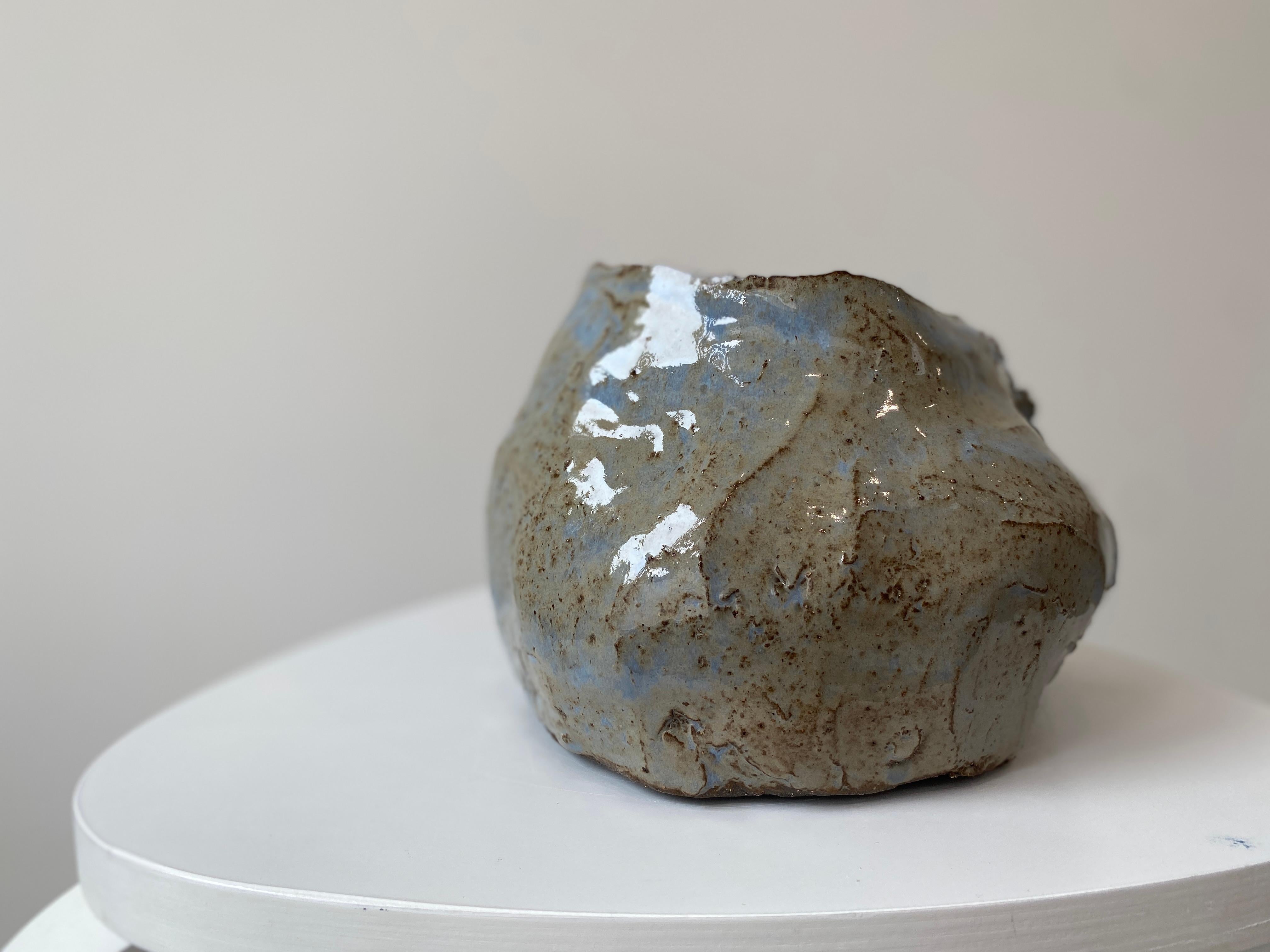 Grey blue rustic wabi sabi hand sculpted glazed clay head face vessel vase For Sale 7