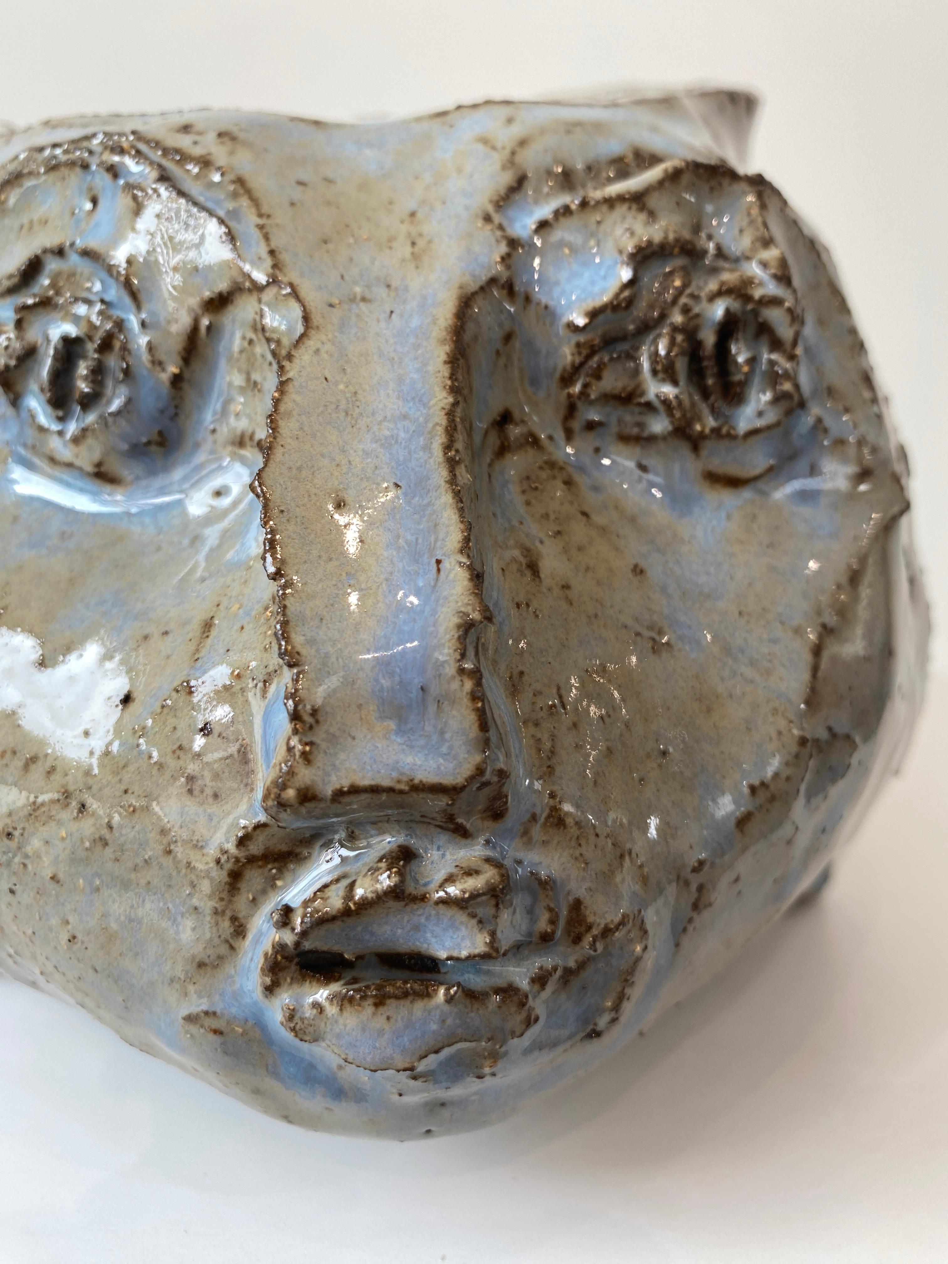 Grey blue rustic wabi sabi hand sculpted glazed clay head face vessel vase For Sale 11