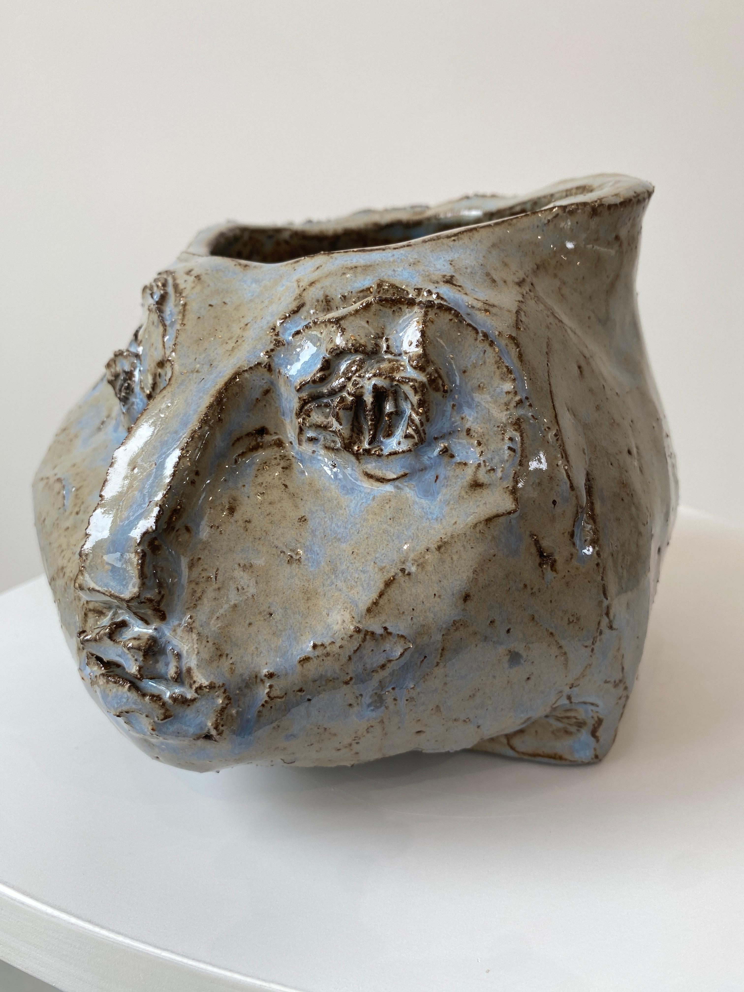 Grey blue rustic wabi sabi hand sculpted glazed clay head face vessel vase For Sale 12