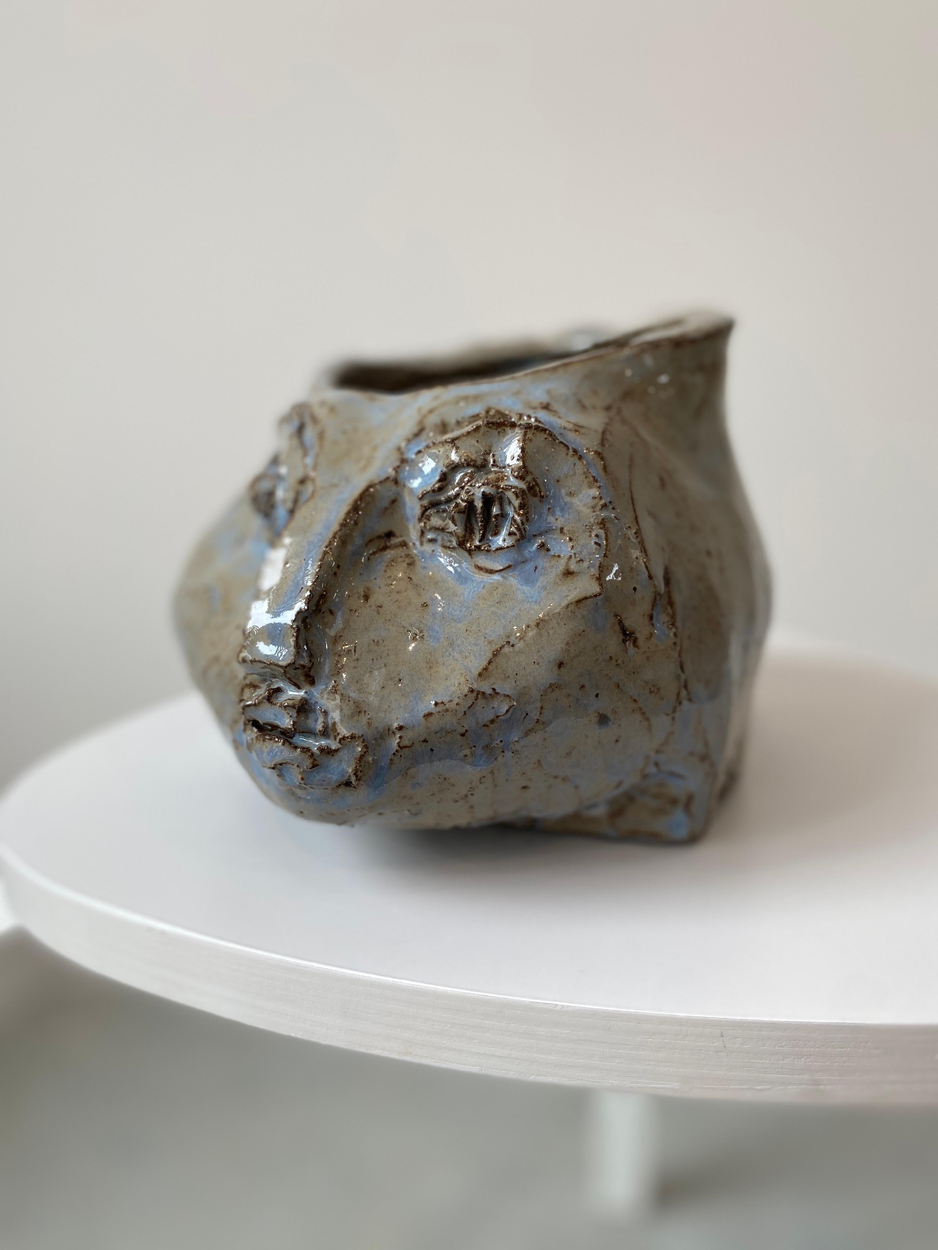 Grey blue rustic wabi sabi hand sculpted glazed clay head face vessel vase For Sale 13