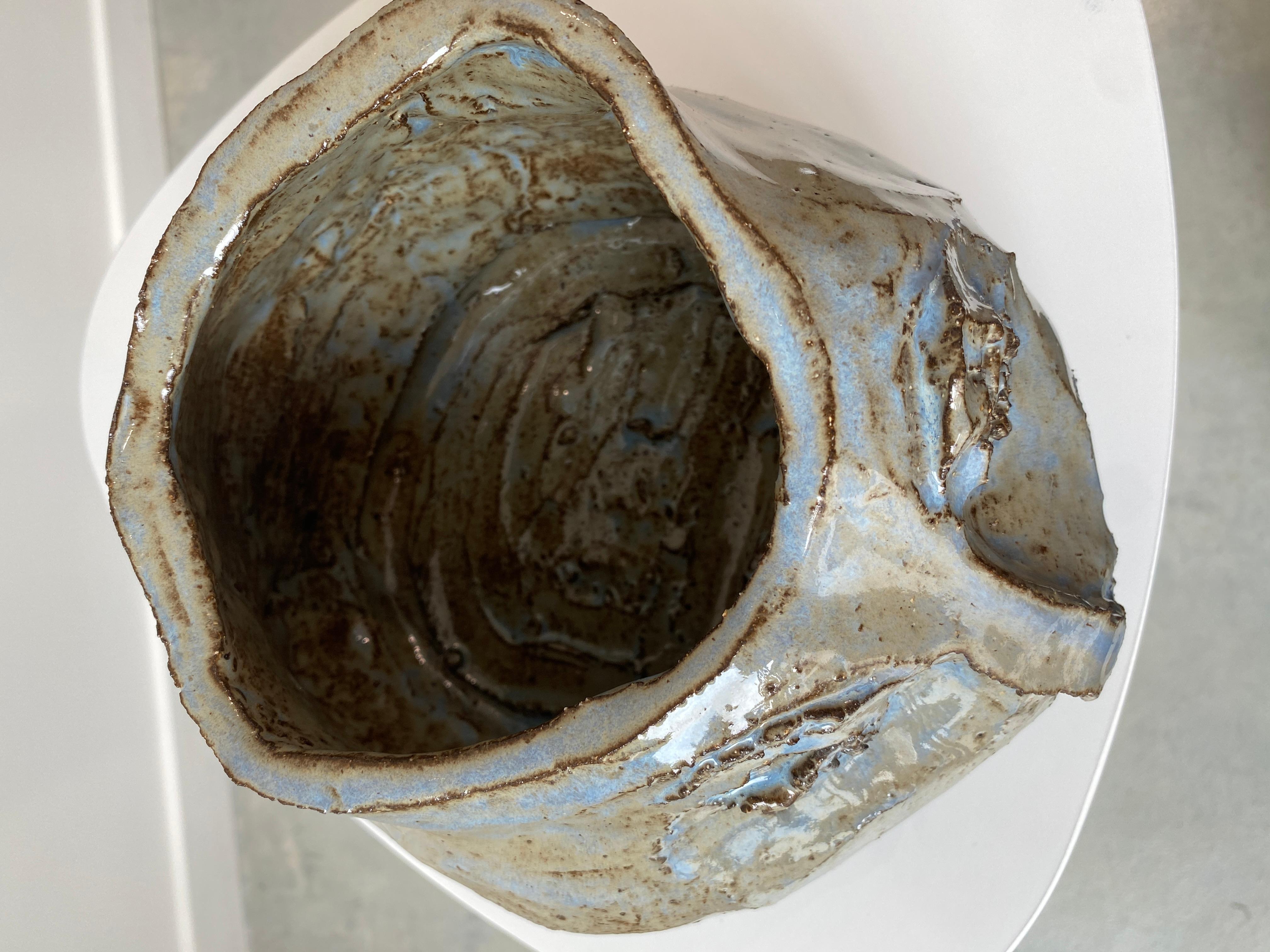 Grey blue rustic wabi sabi hand sculpted glazed clay head face vessel vase For Sale 14