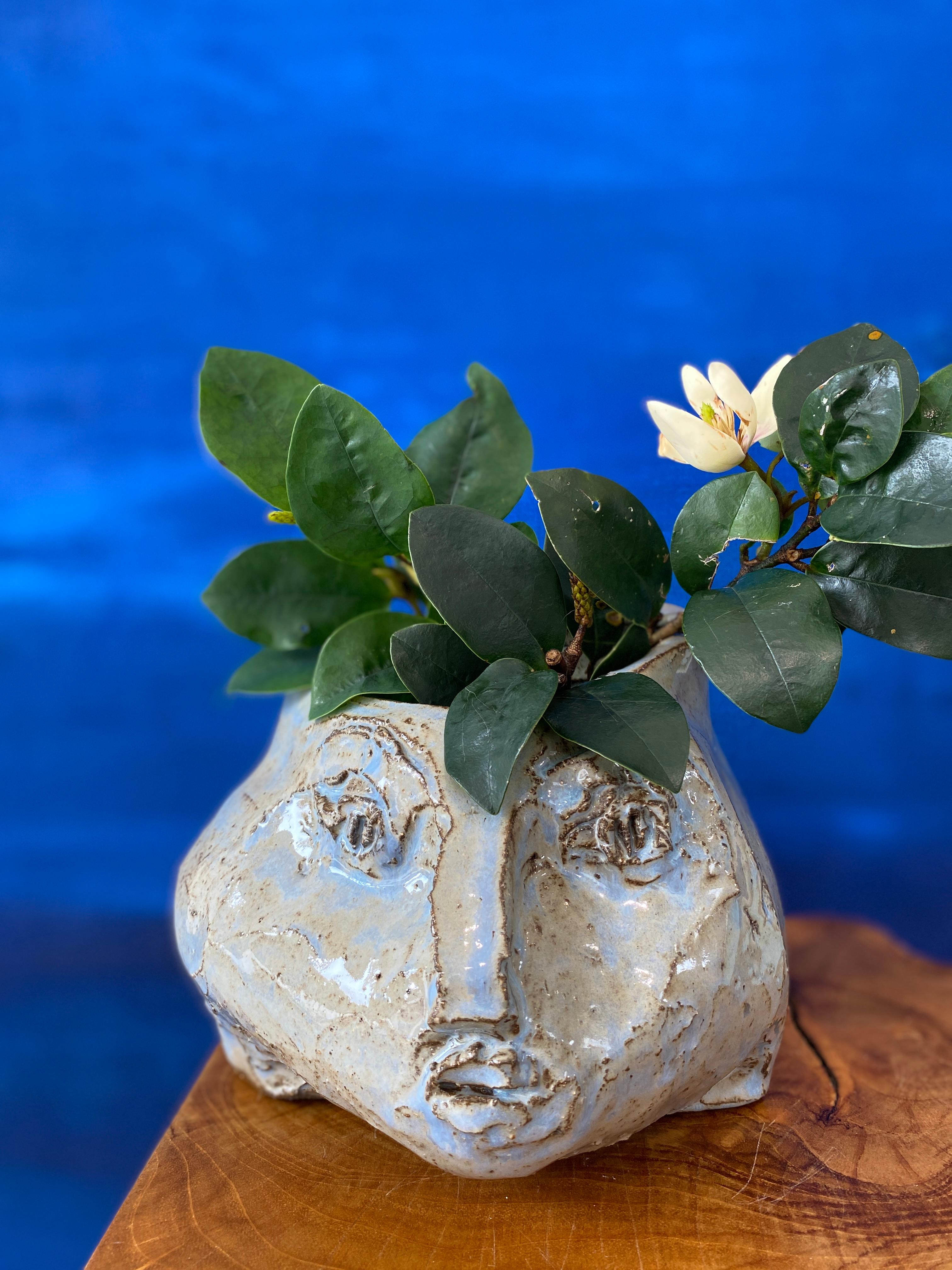 Grey blue rustic wabi sabi hand sculpted glazed clay head face vessel vase For Sale 15