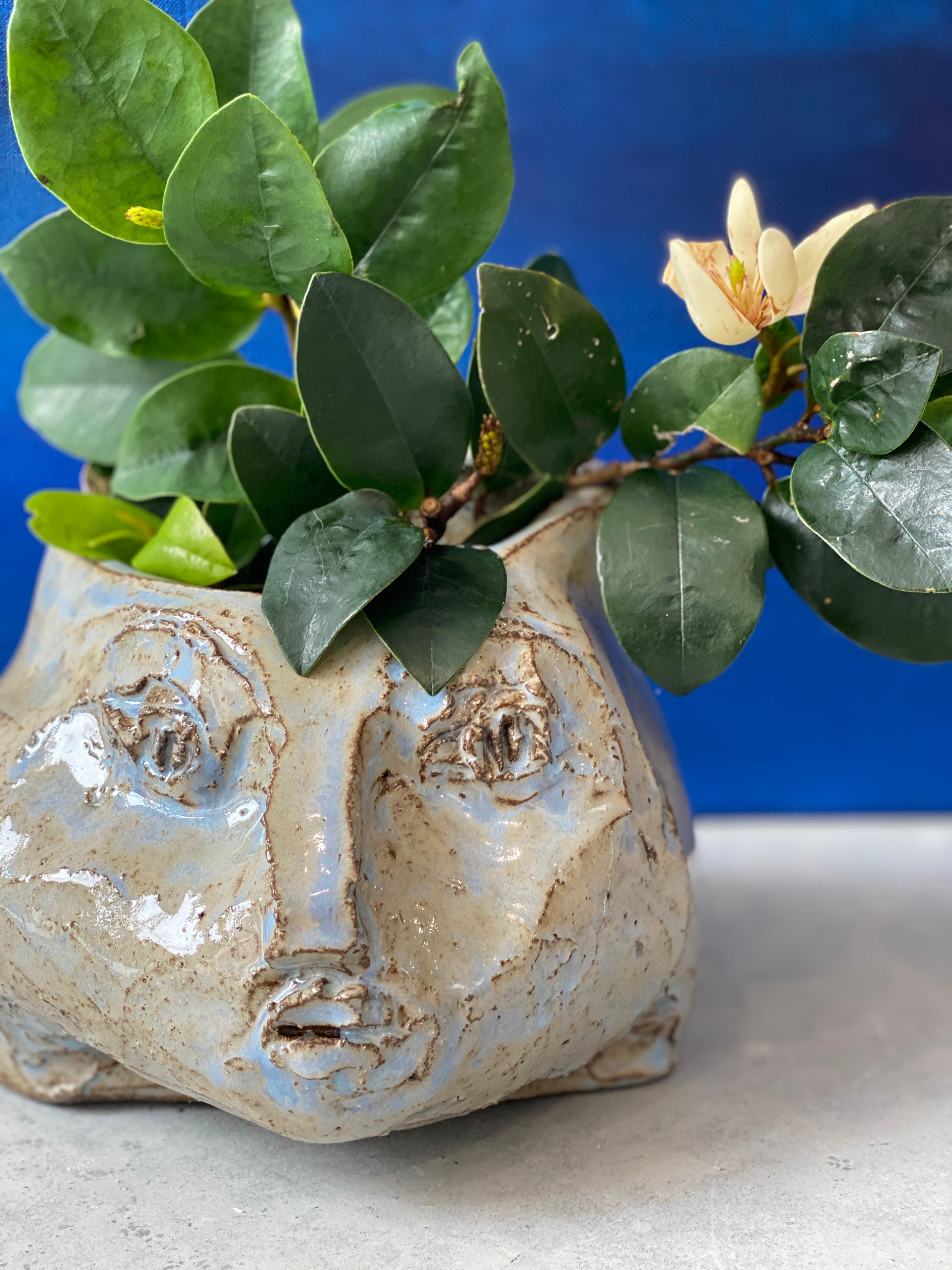 Grey blue rustic wabi sabi hand sculpted glazed clay head face vessel vase - Contemporary Sculpture by Kathleen Rhee