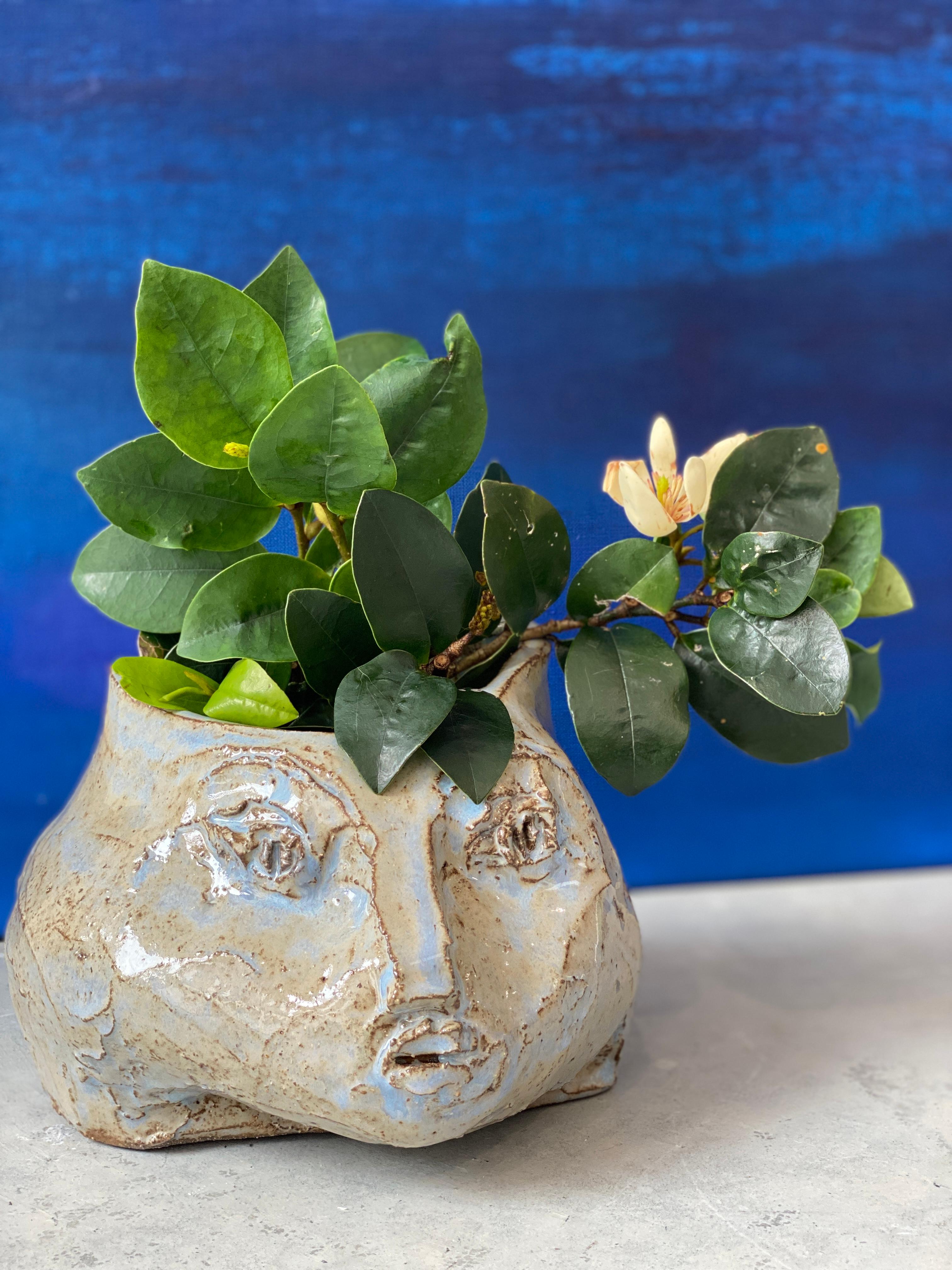 Grey blue rustic wabi sabi hand sculpted glazed clay head face vessel vase For Sale 1
