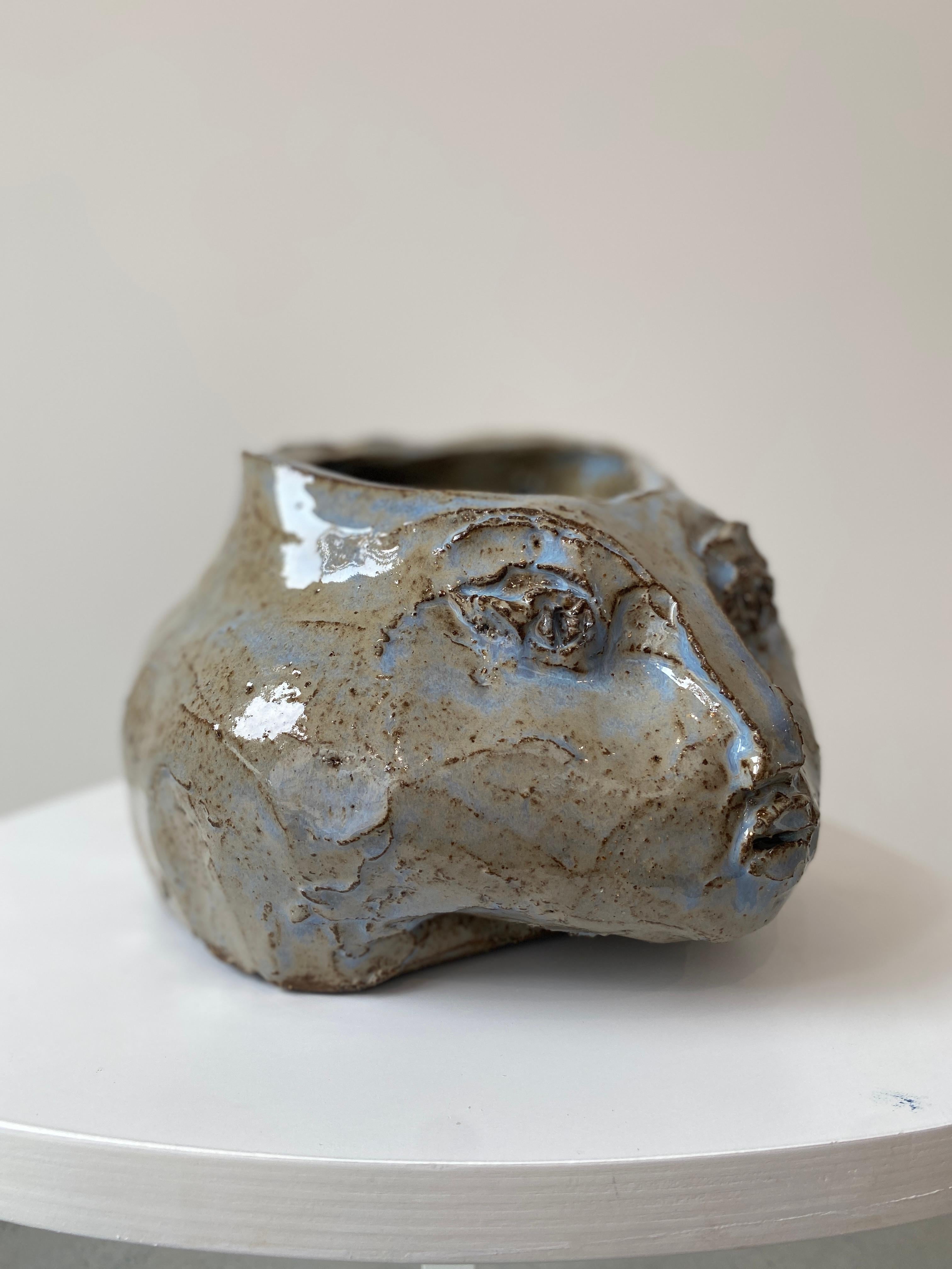 Grey blue rustic wabi sabi hand sculpted glazed clay head face vessel vase For Sale 2