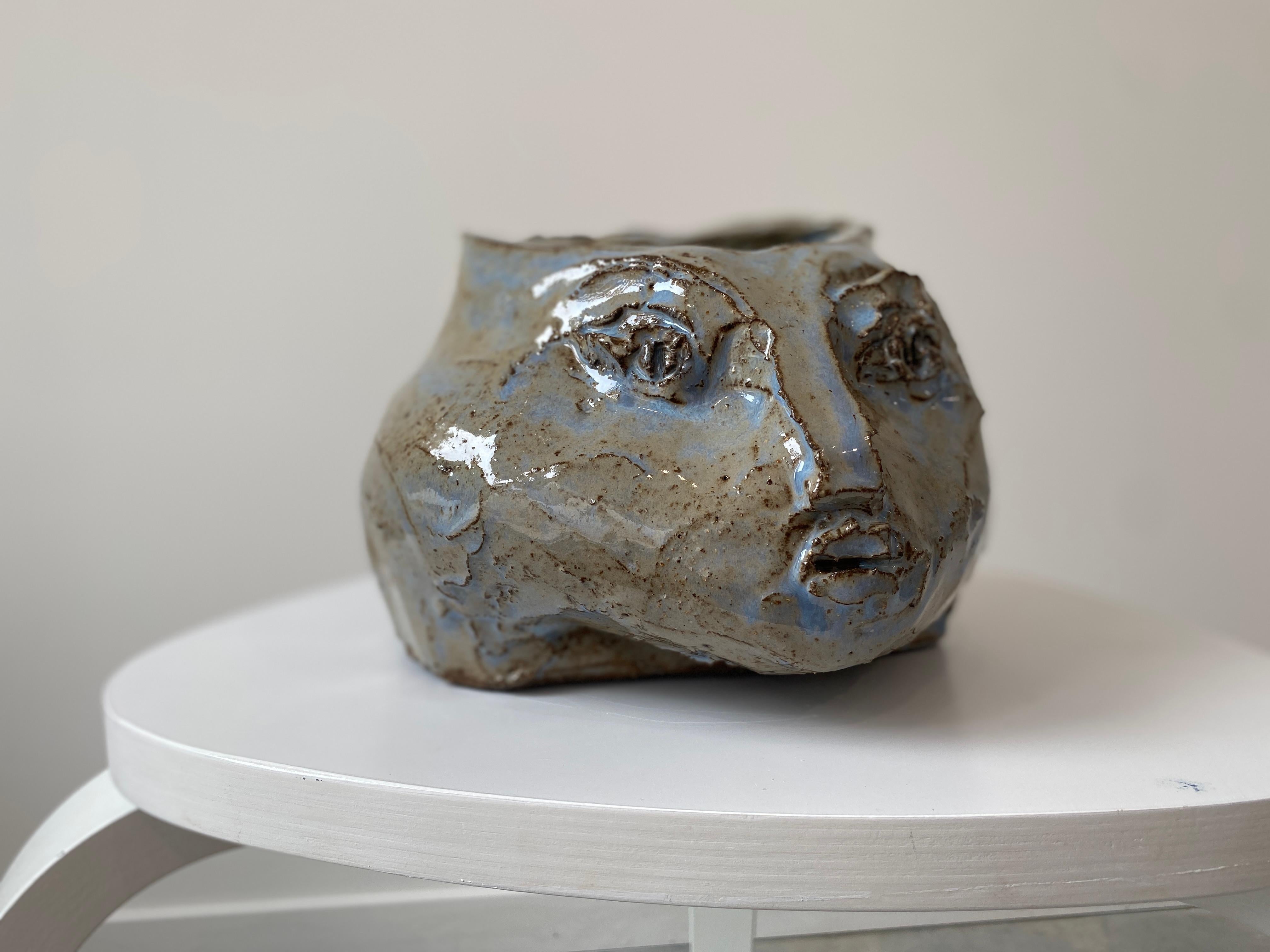 Grey blue rustic wabi sabi hand sculpted glazed clay head face vessel vase For Sale 4