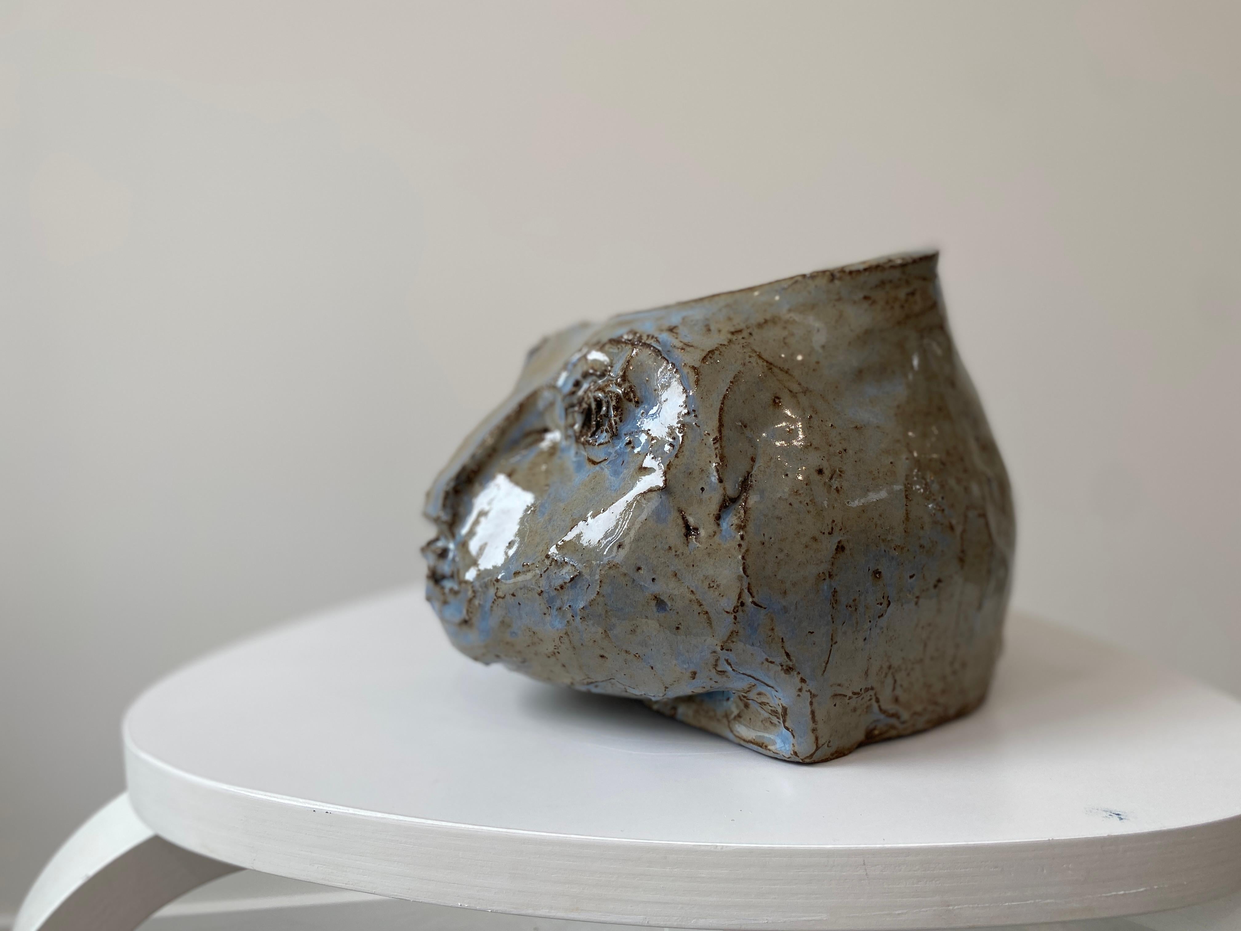 Grey blue rustic wabi sabi hand sculpted glazed clay head face vessel vase For Sale 5