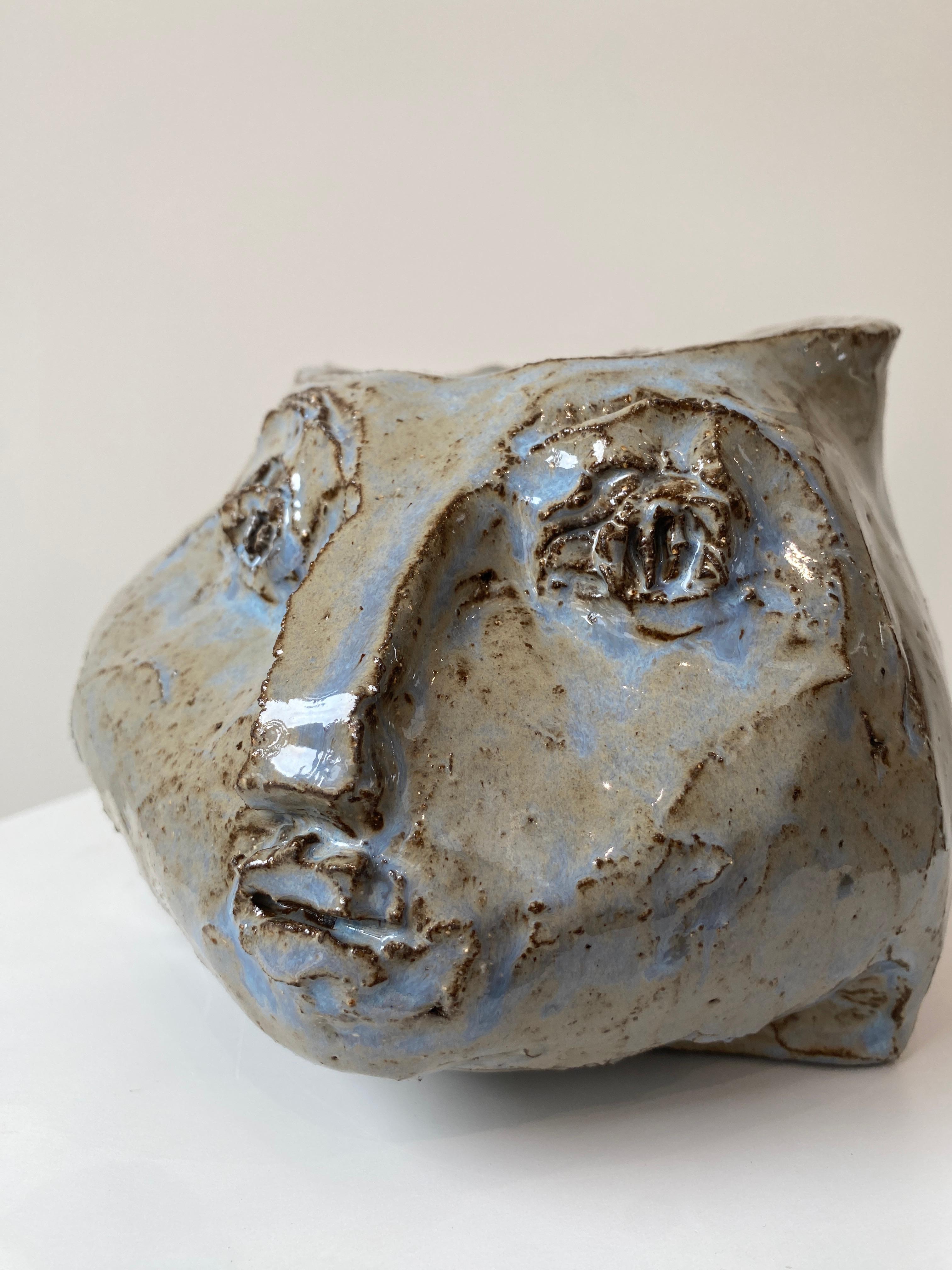 Kathleen Rhee Figurative Sculpture - Grey blue rustic wabi sabi hand sculpted glazed clay head face vessel vase