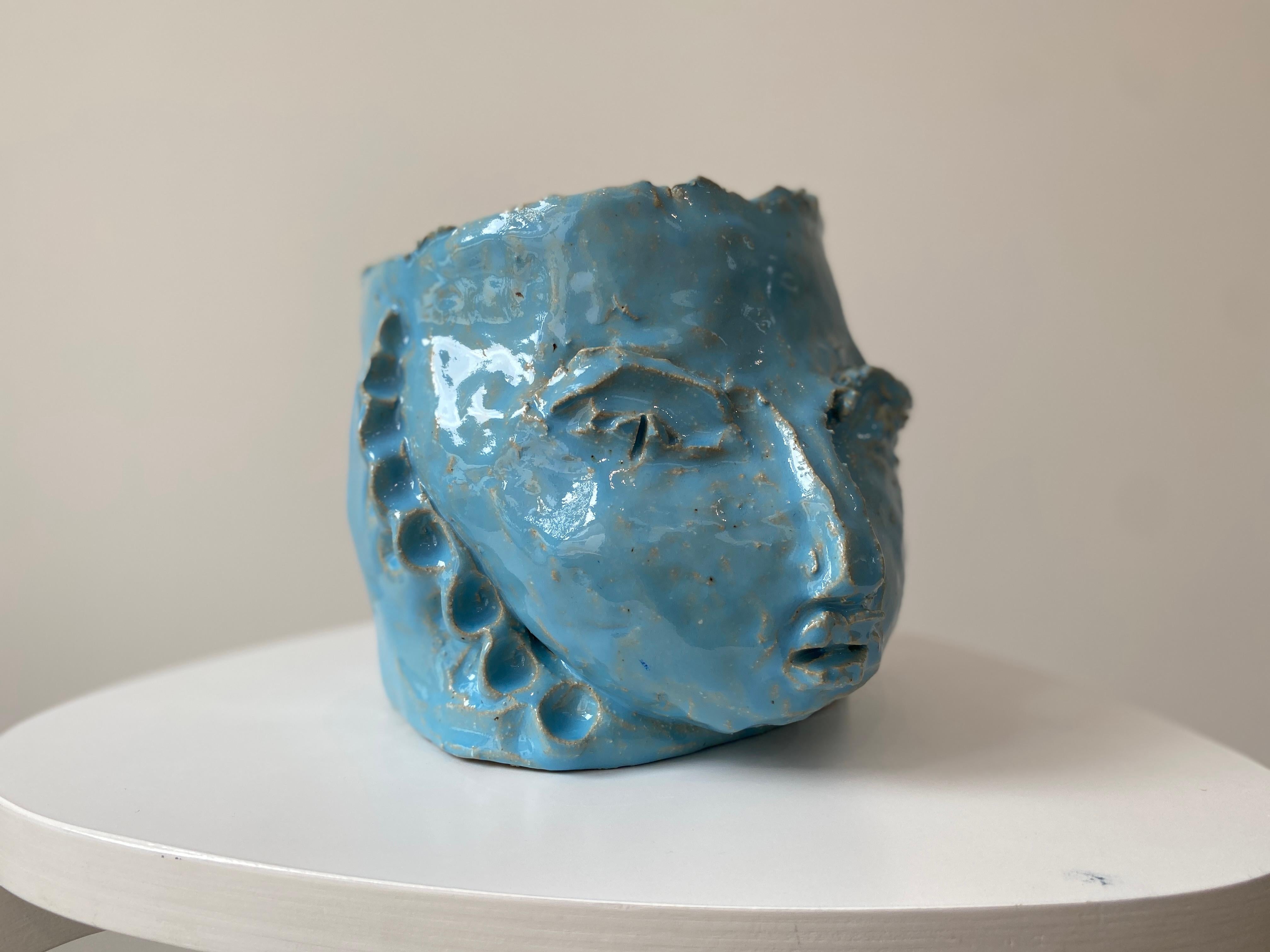 Light Blue rustic wabi sabi hand sculpted glazed clay head face vessel vase For Sale 6