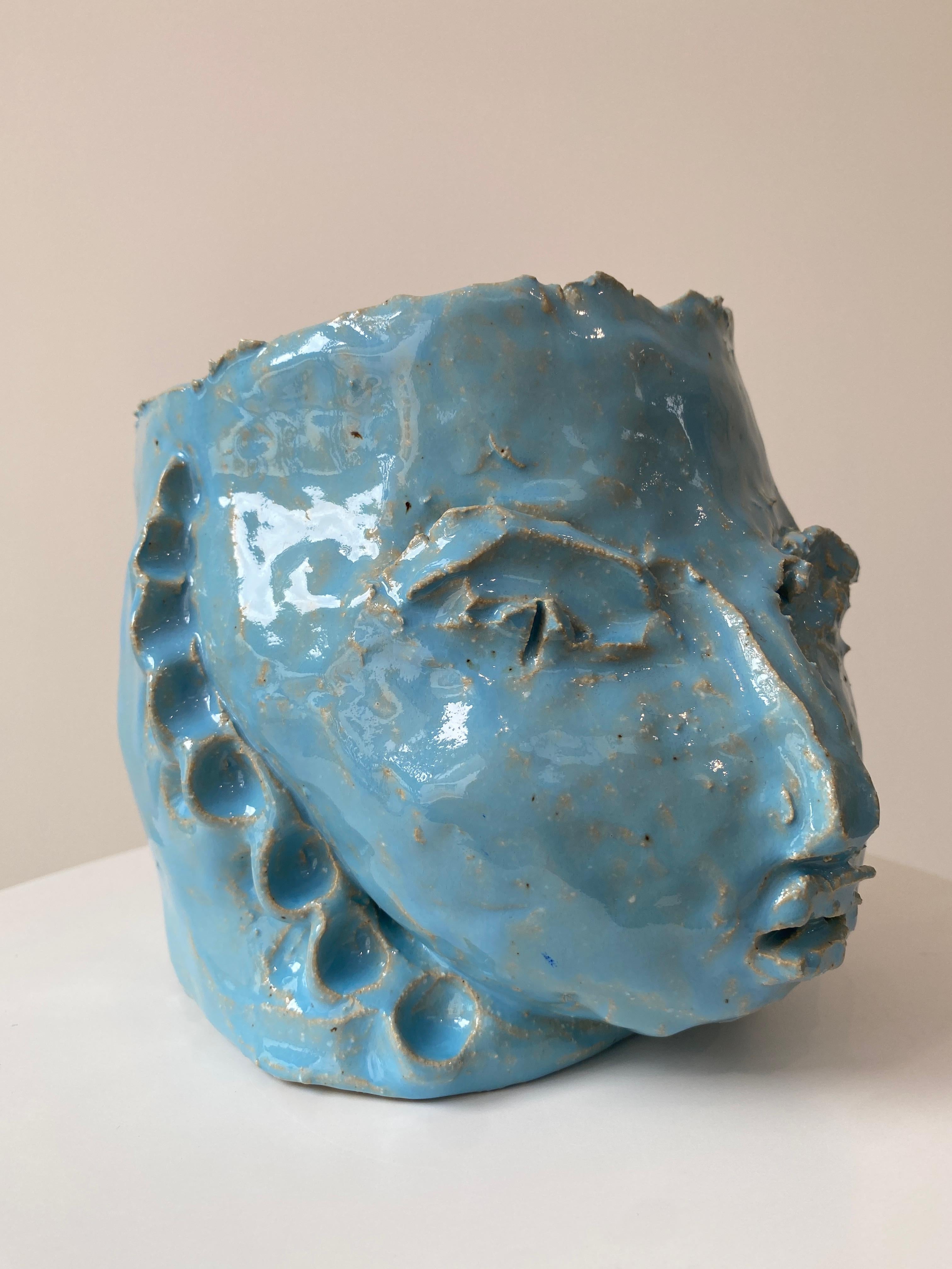 Light Blue rustic wabi sabi hand sculpted glazed clay head face vessel vase For Sale 7