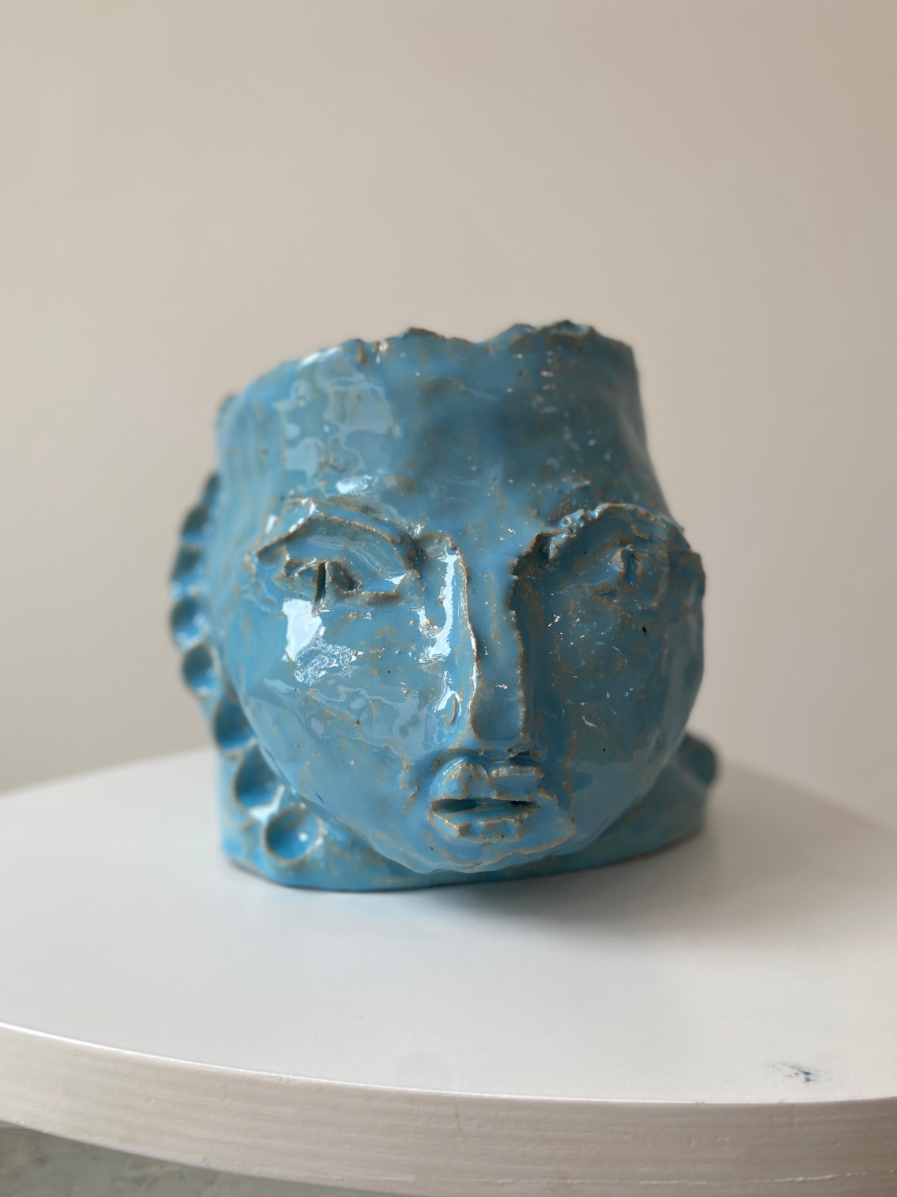 Light Blue rustic wabi sabi hand sculpted glazed clay head face vessel vase For Sale 9