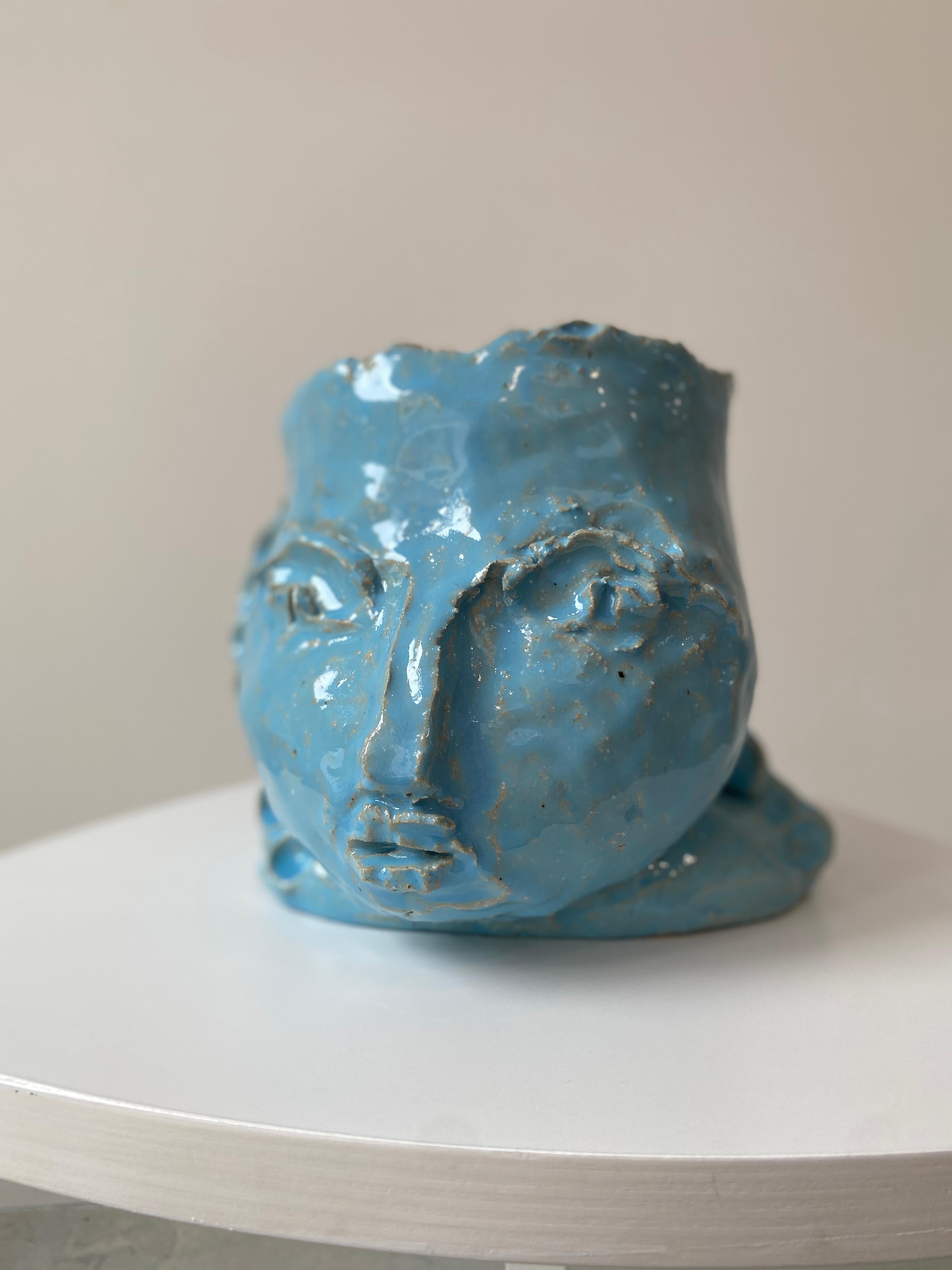 Light Blue rustic wabi sabi hand sculpted glazed clay head face vessel vase For Sale 10