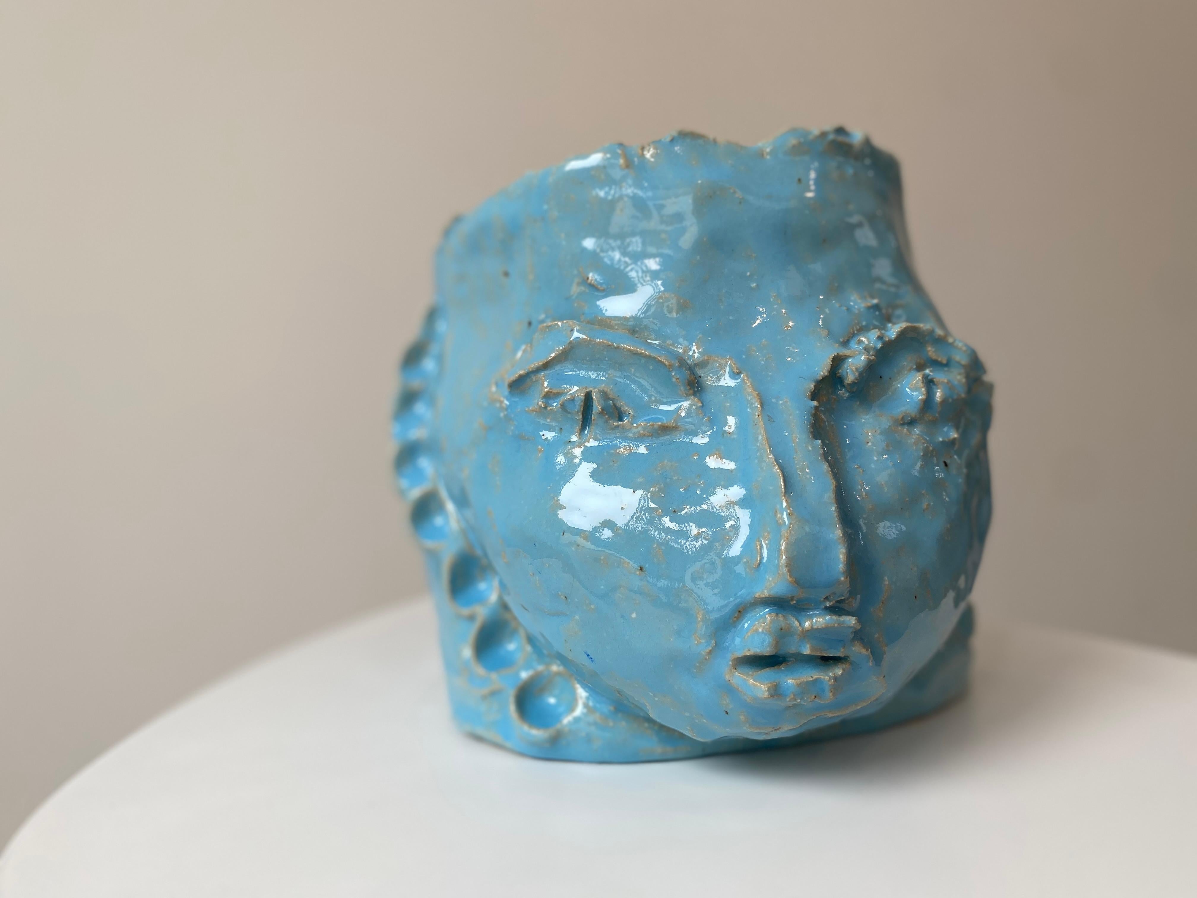 Light Blue rustic wabi sabi hand sculpted glazed clay head face vessel vase For Sale 11