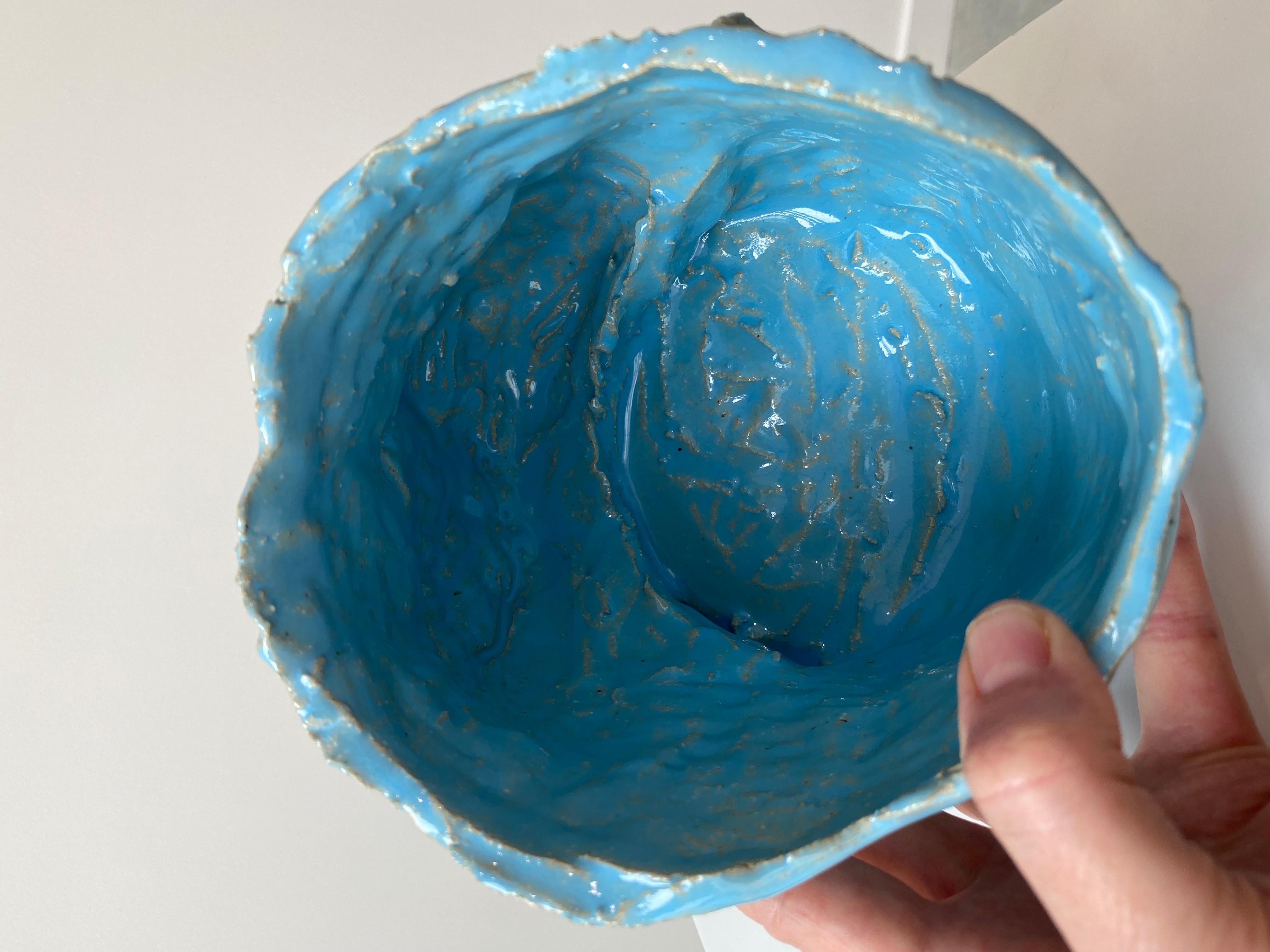 Light Blue rustic wabi sabi hand sculpted glazed clay head face vessel vase For Sale 13