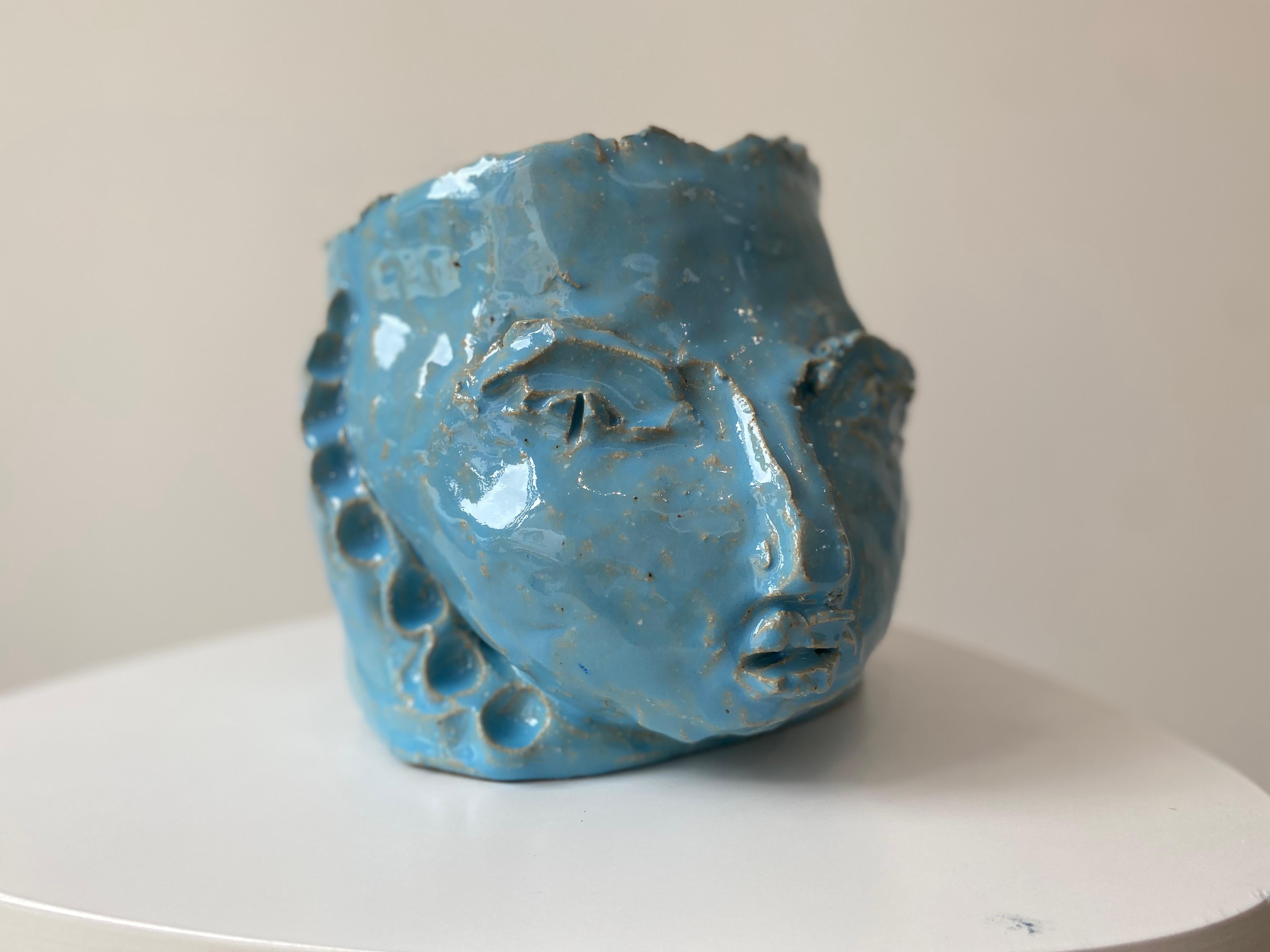 Light Blue rustic wabi sabi hand sculpted glazed clay head face vessel vase For Sale 14