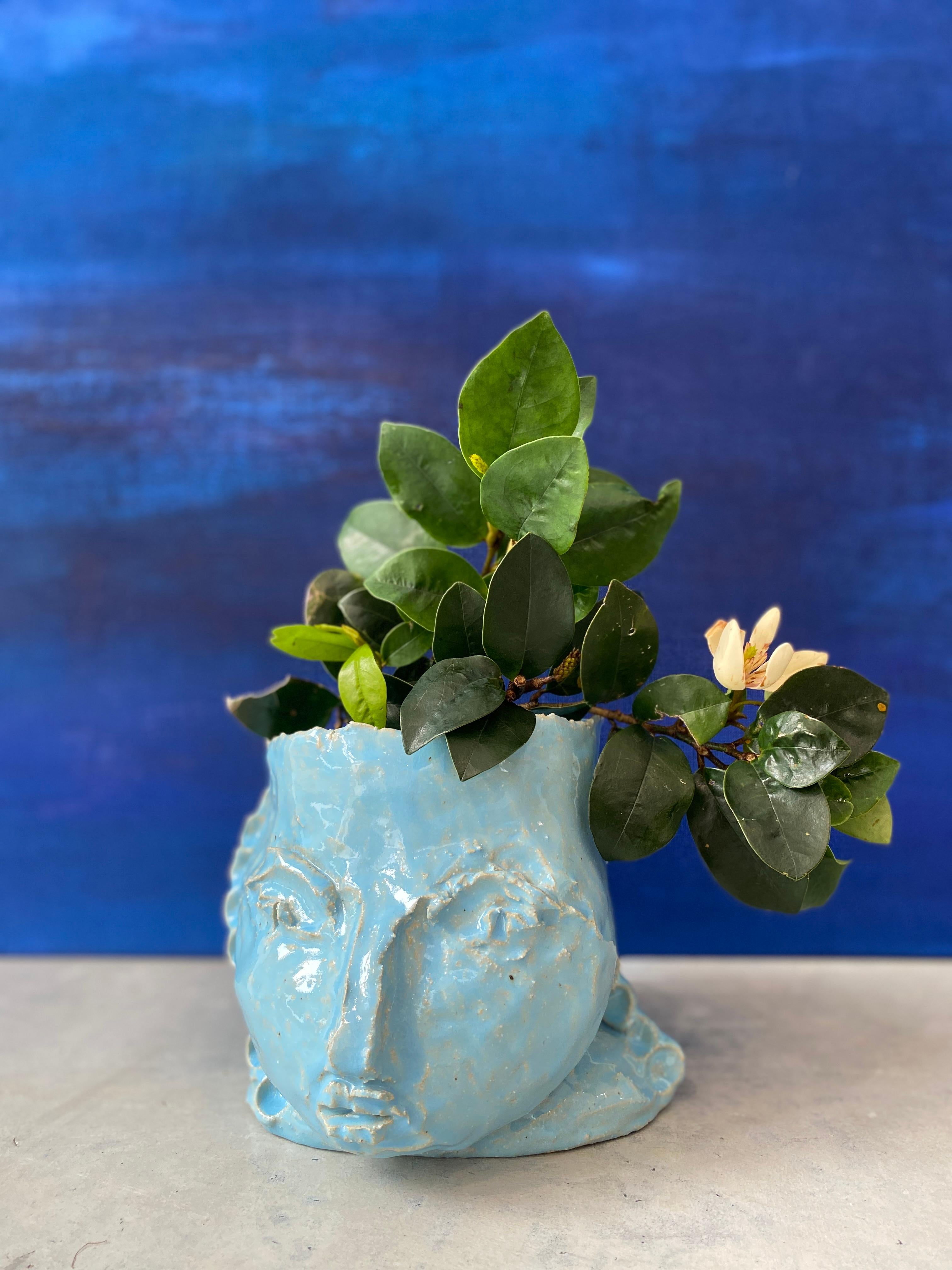 Light Blue rustic wabi sabi hand sculpted glazed clay head face vessel vase For Sale 15