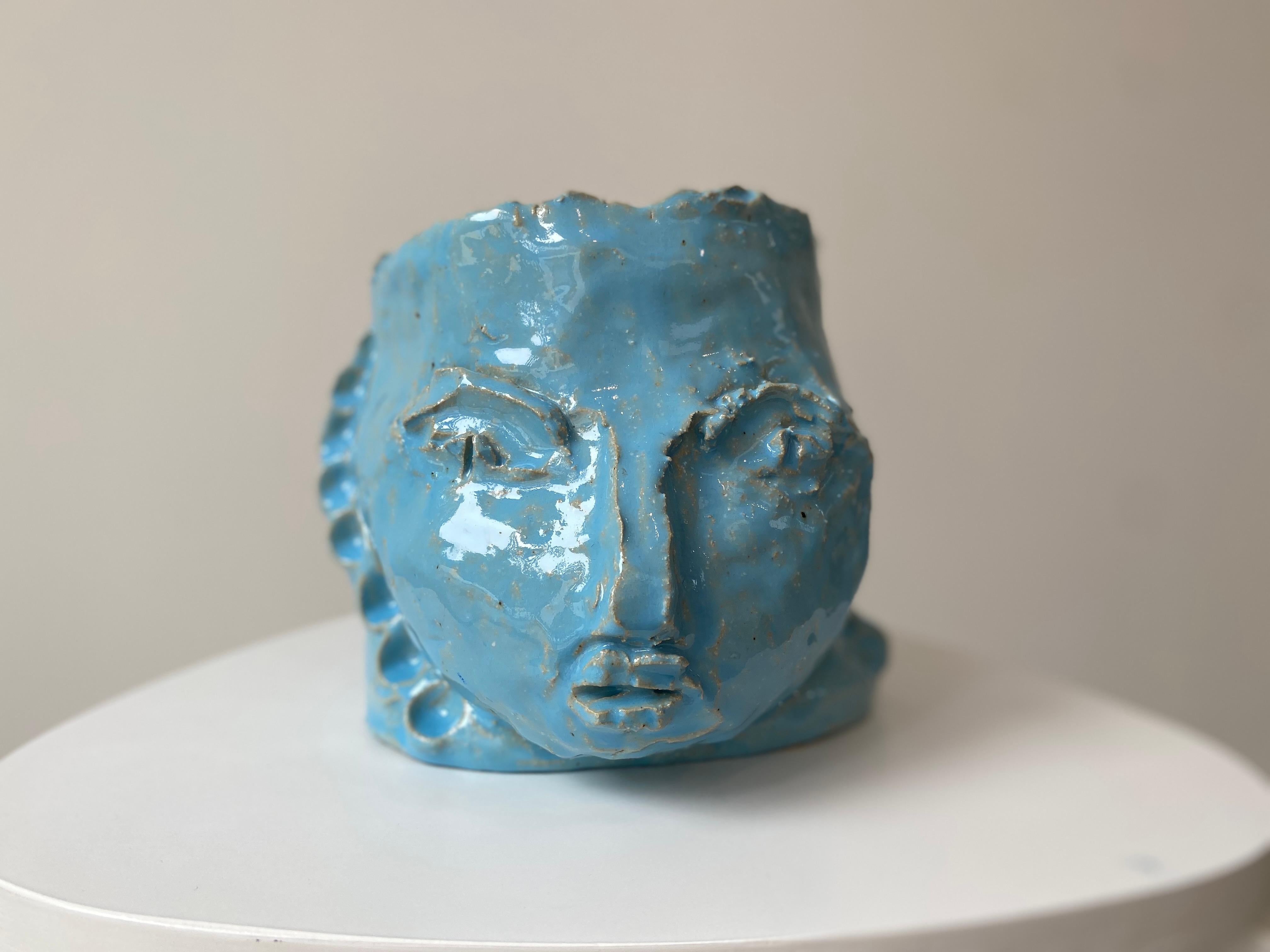 Light Blue rustic wabi sabi hand sculpted glazed clay head face vessel vase - Sculpture by Kathleen Rhee