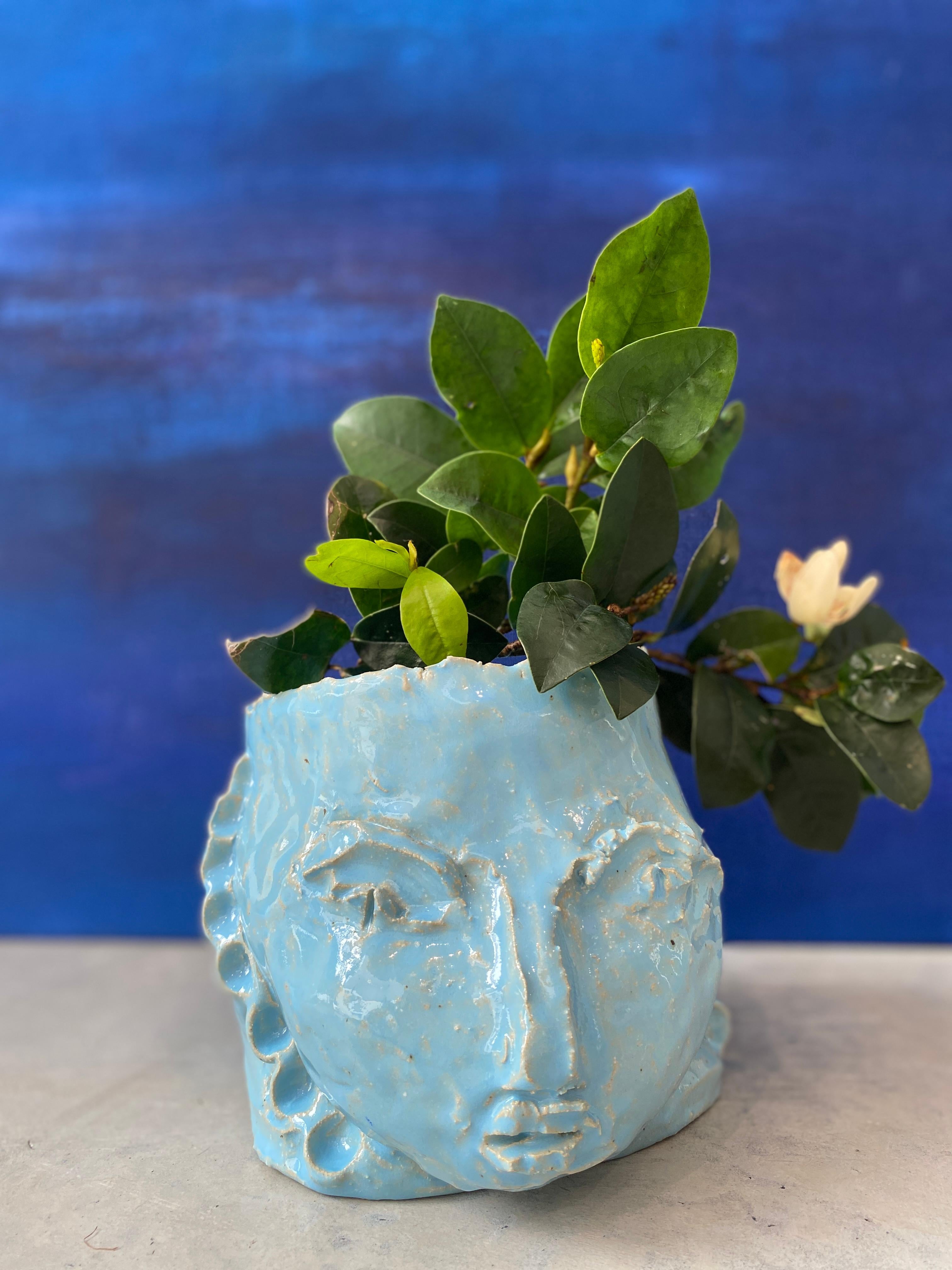 Light Blue rustic wabi sabi hand sculpted glazed clay head face vessel vase - Contemporary Sculpture by Kathleen Rhee
