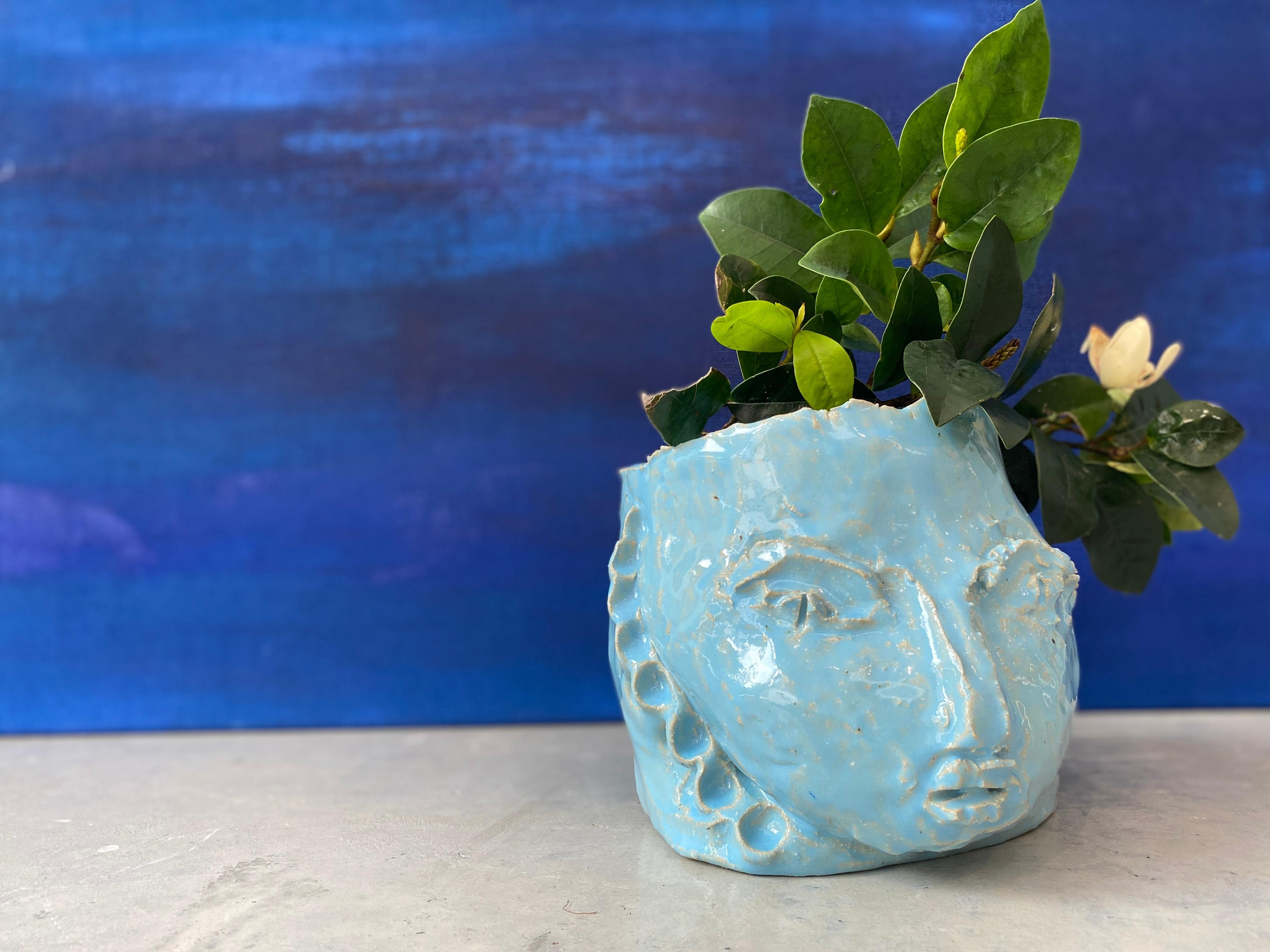 Light Blue rustic wabi sabi hand sculpted glazed clay head face vessel vase For Sale 1