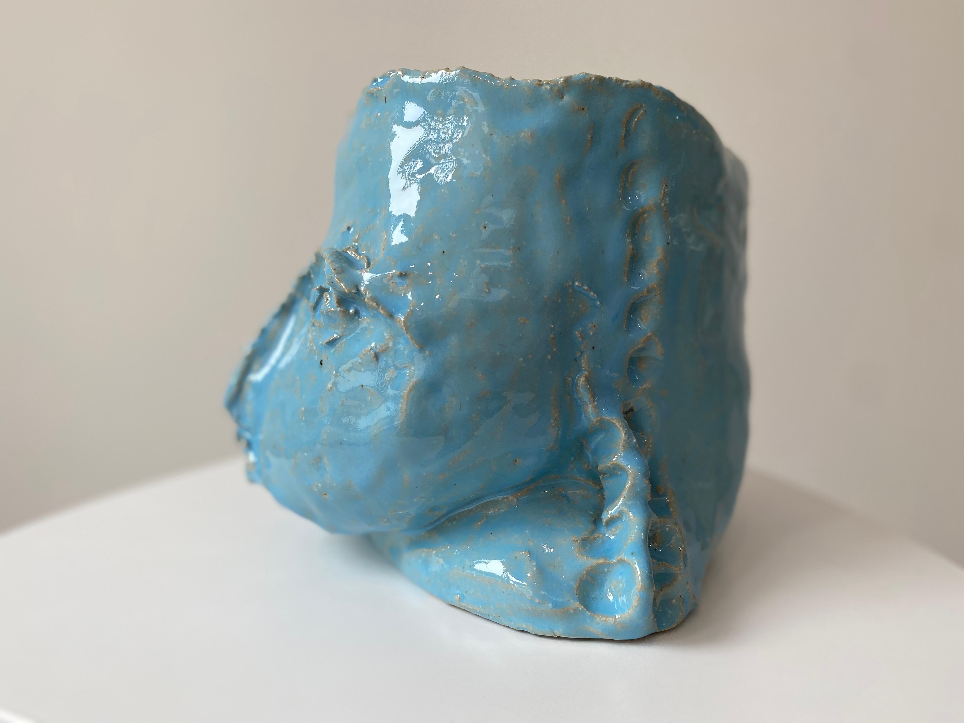 Light Blue rustic wabi sabi hand sculpted glazed clay head face vessel vase For Sale 2