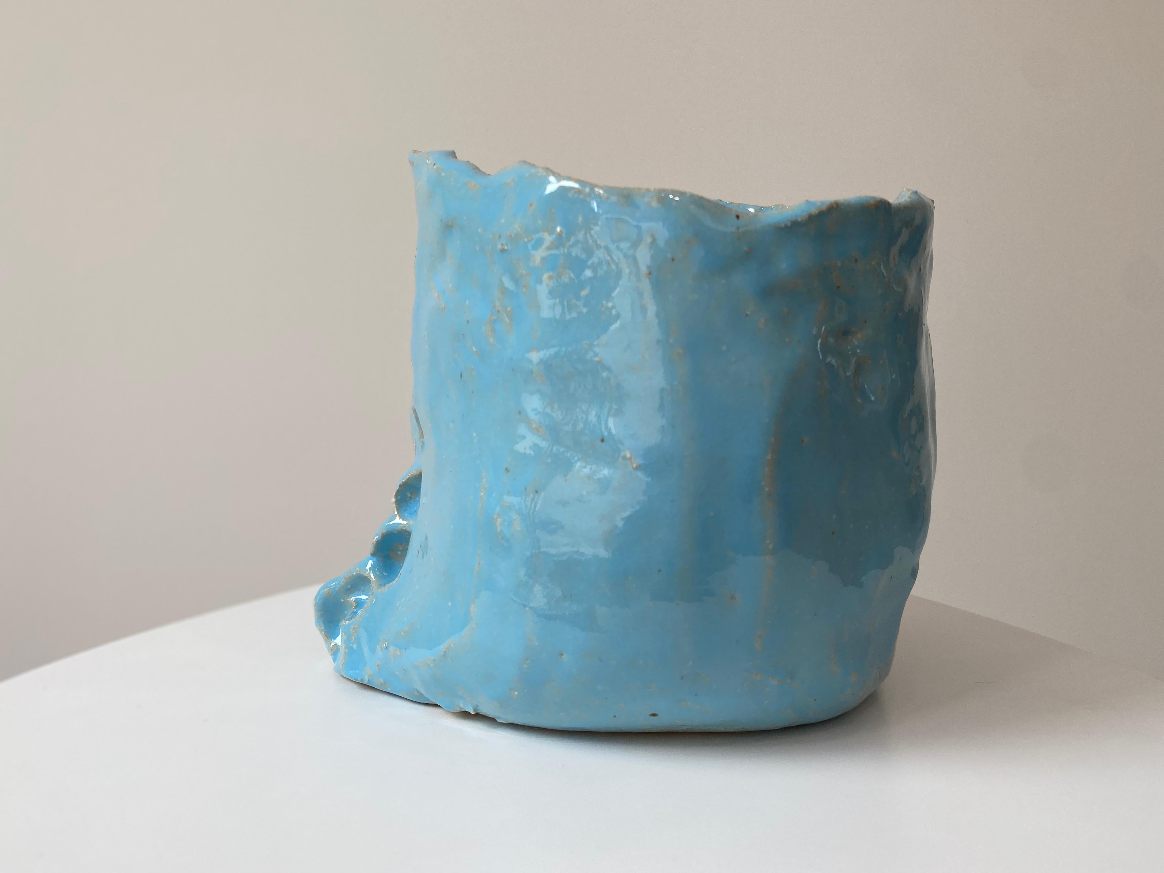 Light Blue rustic wabi sabi hand sculpted glazed clay head face vessel vase For Sale 3