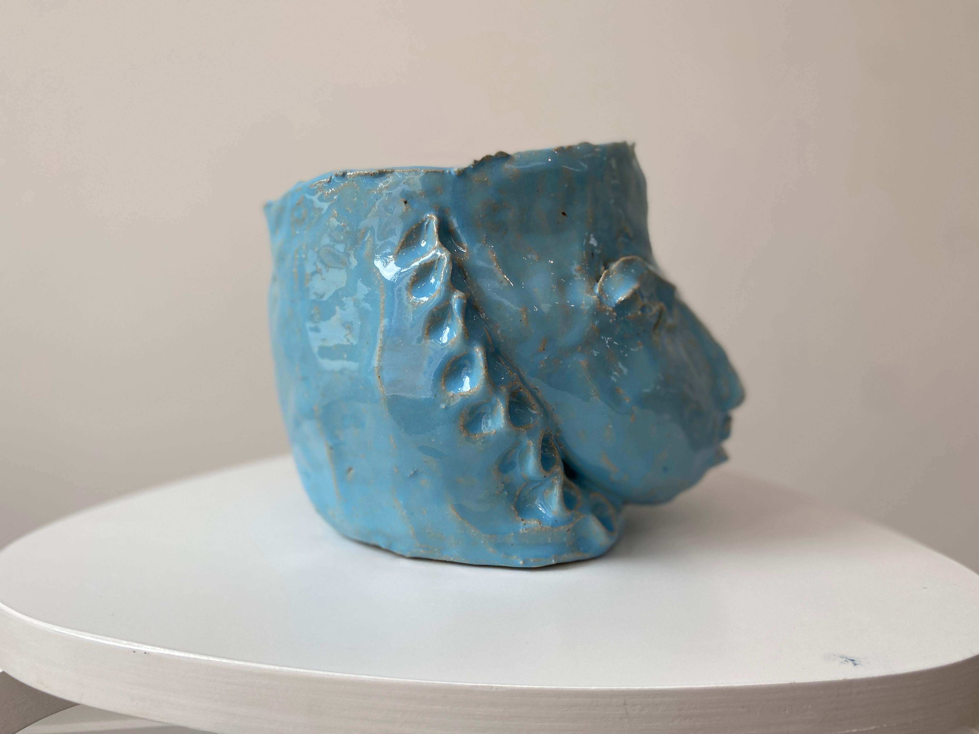 Light Blue rustic wabi sabi hand sculpted glazed clay head face vessel vase For Sale 5