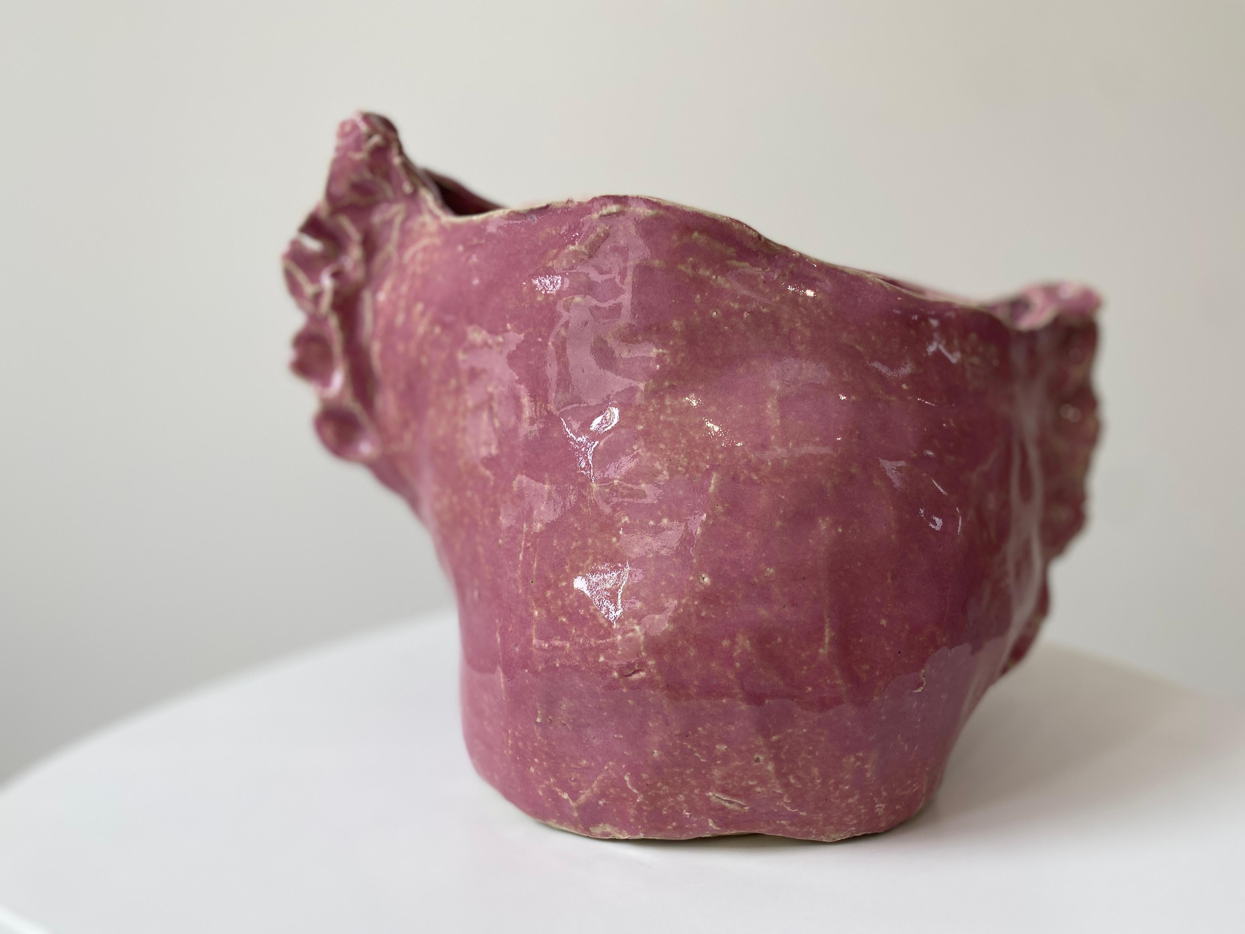 Pink sweet girl rustic wabi sabi hand sculpted glazed clay head face vessel vase For Sale 6