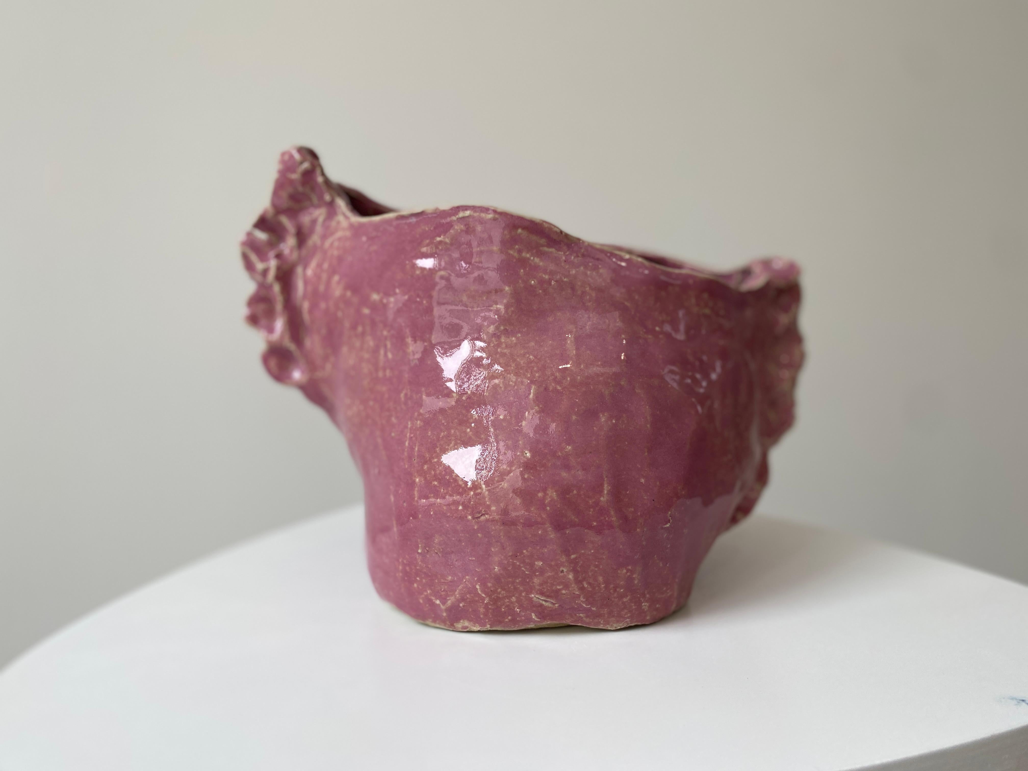 sculpture girl pink face head portrait clay vase glazed rustic handmade original For Sale 9