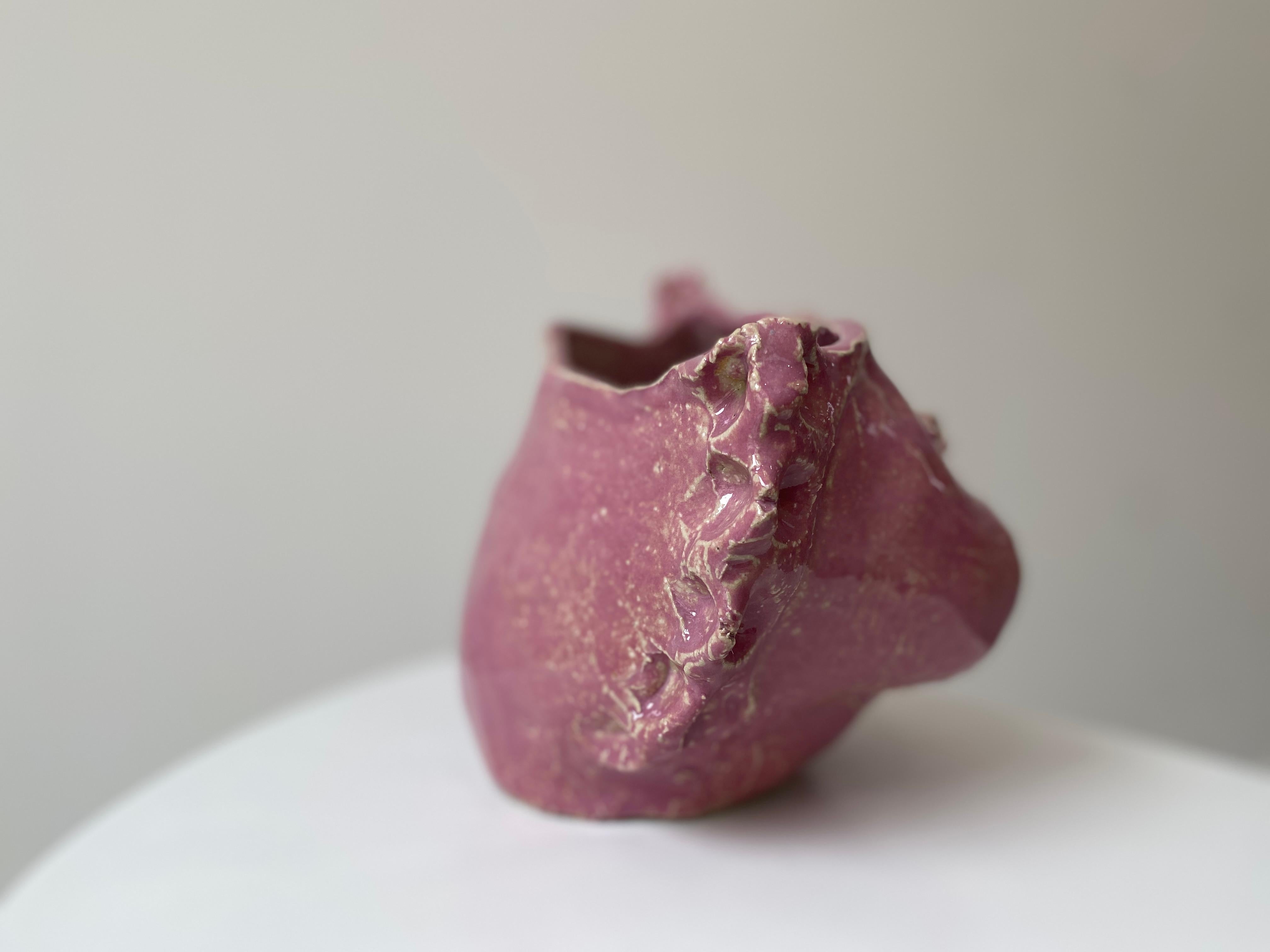 Pink sweet girl rustic wabi sabi hand sculpted glazed clay head face vessel vase For Sale 10