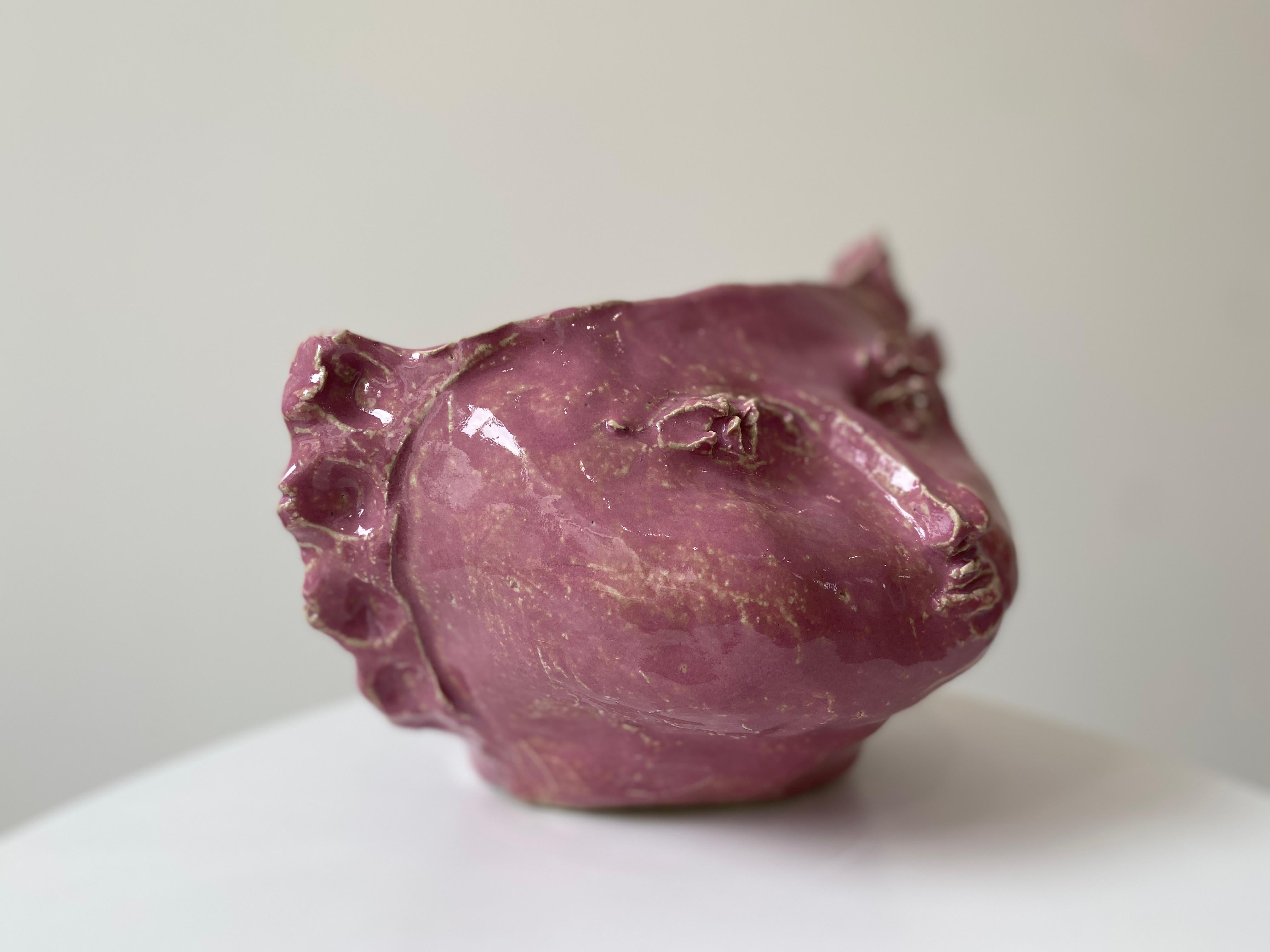 Pink sweet girl rustic wabi sabi hand sculpted glazed clay head face vessel vase For Sale 11