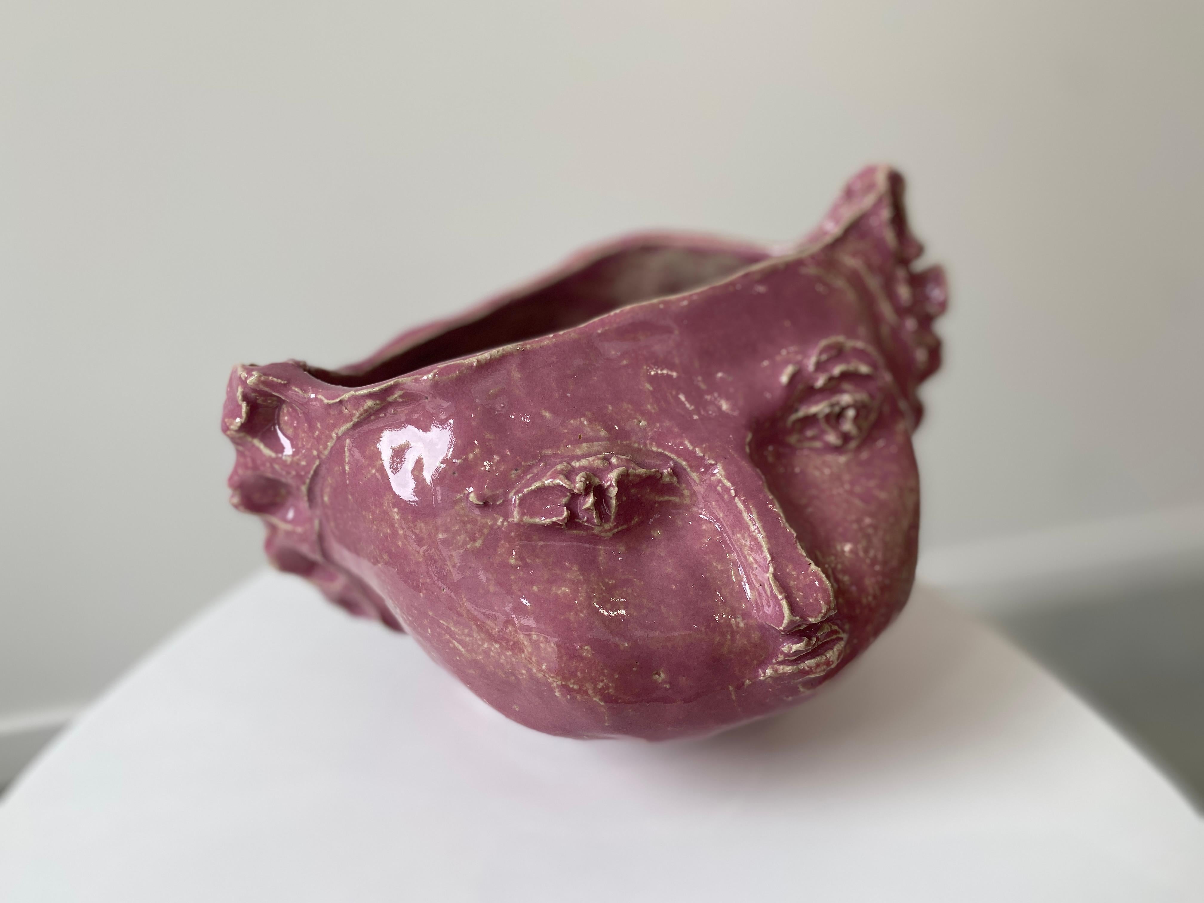Pink sweet girl rustic wabi sabi hand sculpted glazed clay head face vessel vase For Sale 12