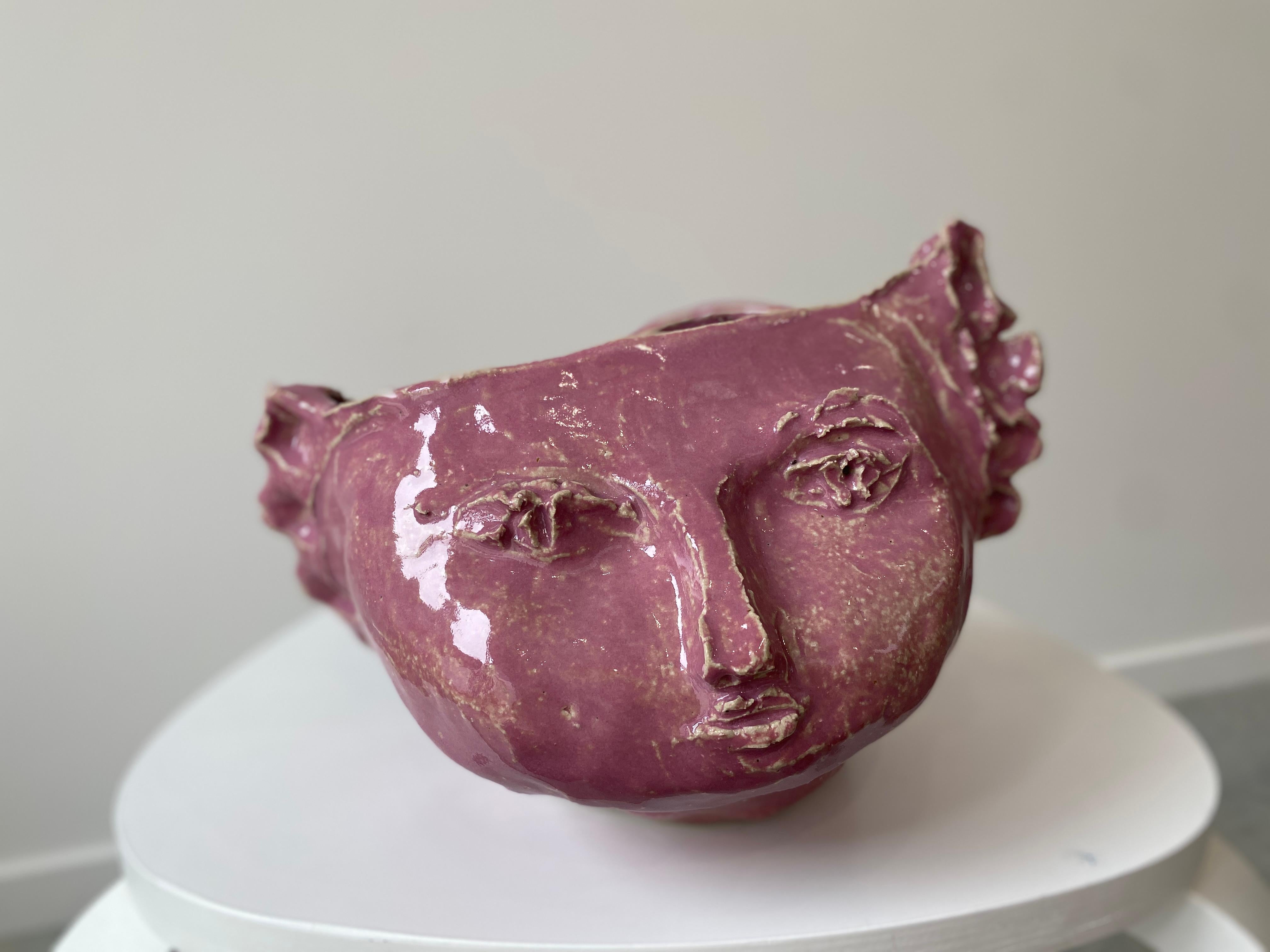 Pink sweet girl rustic wabi sabi hand sculpted glazed clay head face vessel vase For Sale 13