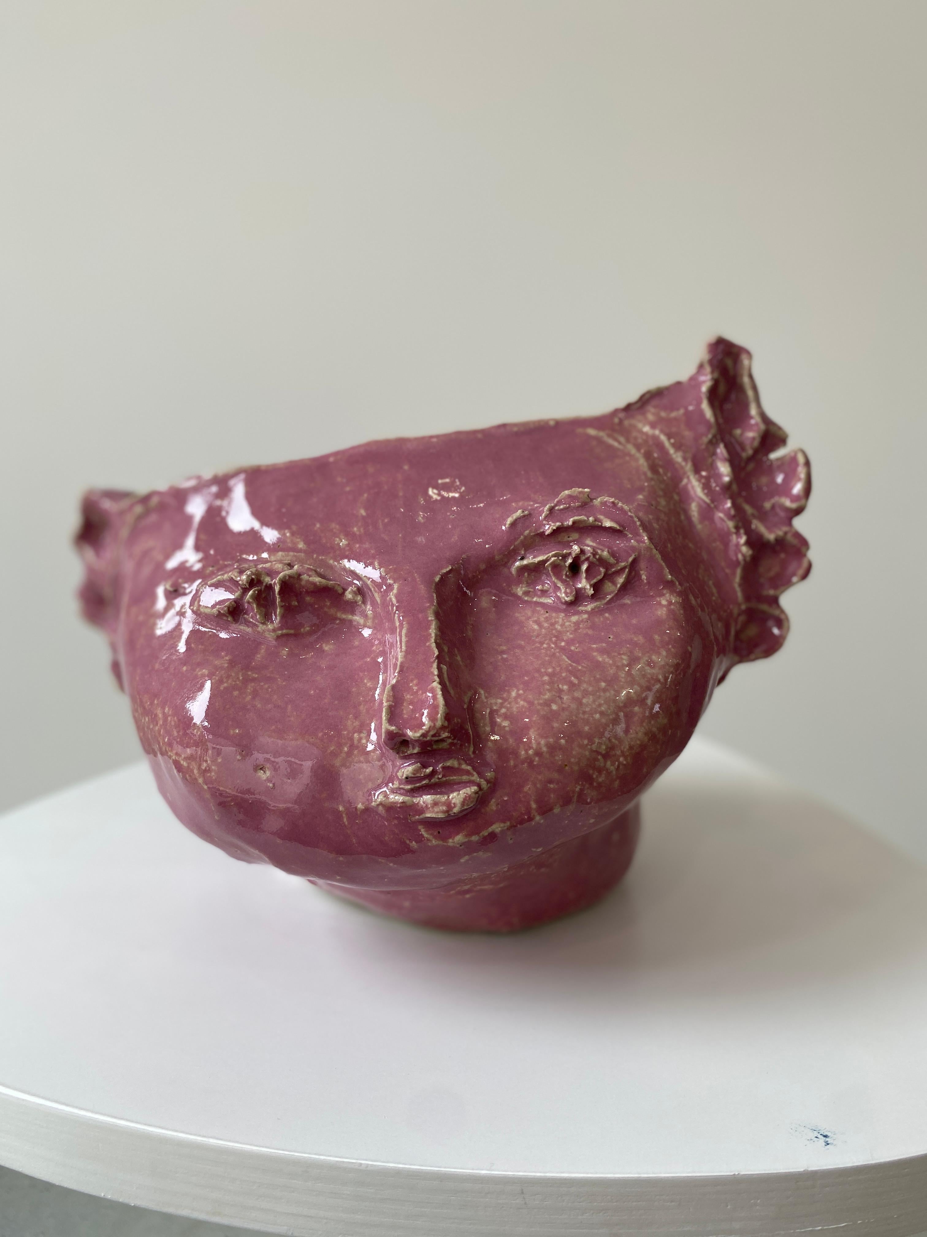 Pink sweet girl rustic wabi sabi hand sculpted glazed clay head face vessel vase For Sale 14