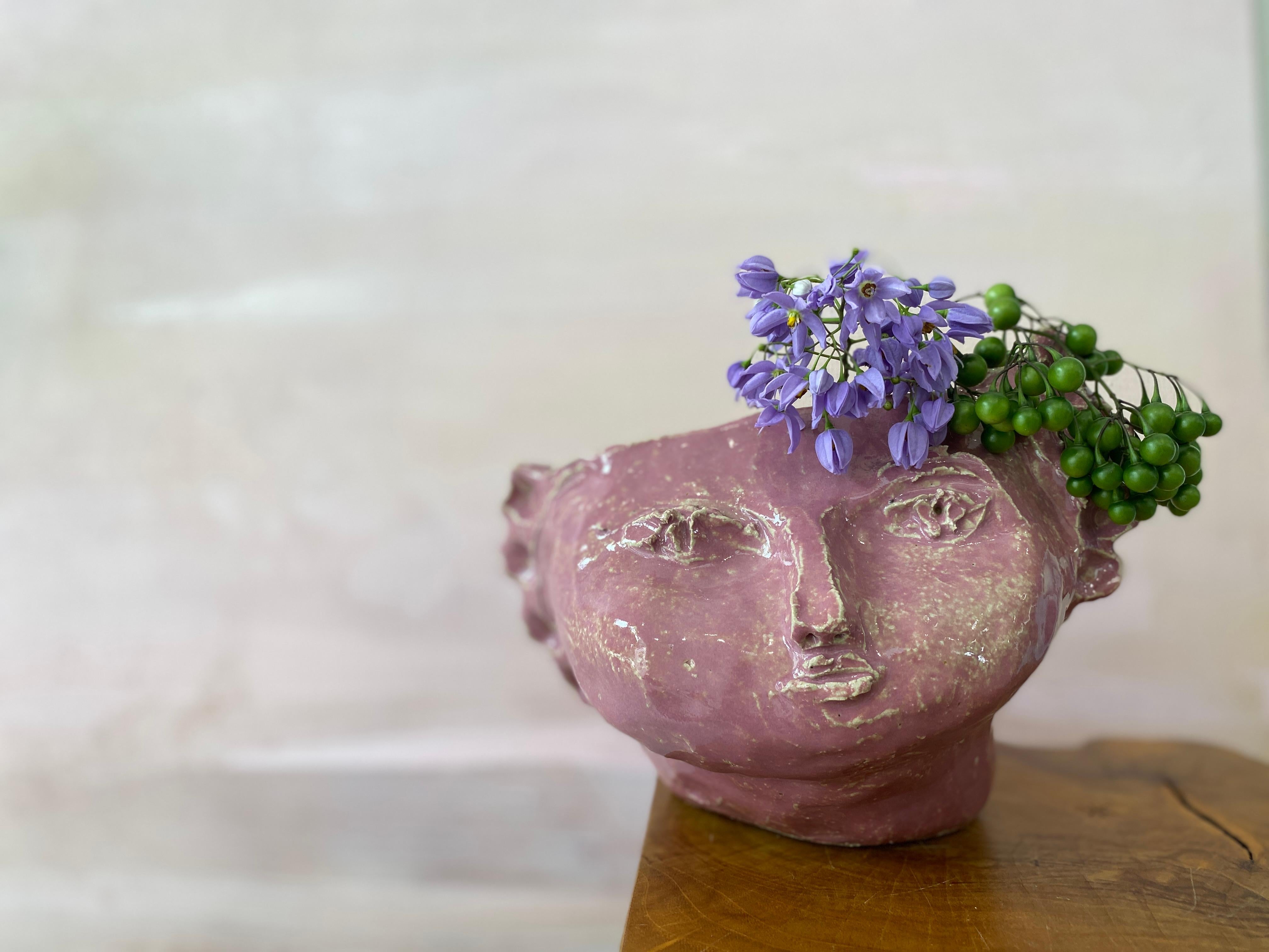 Pink sweet girl rustic wabi sabi hand sculpted glazed clay head face vessel vase For Sale 15