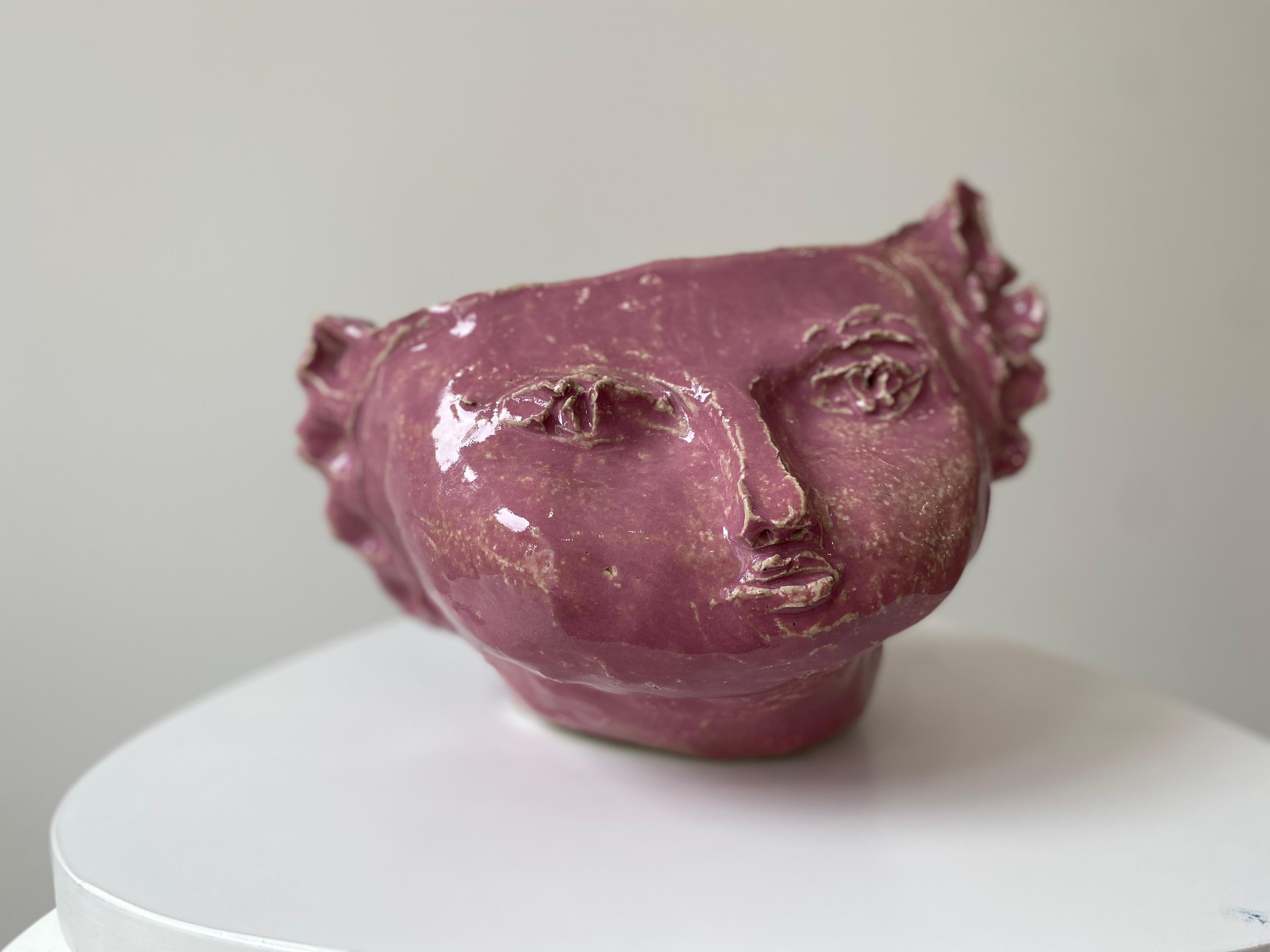 Pink sweet girl rustic wabi sabi hand sculpted glazed clay head face vessel vase - Sculpture by Kathleen Rhee
