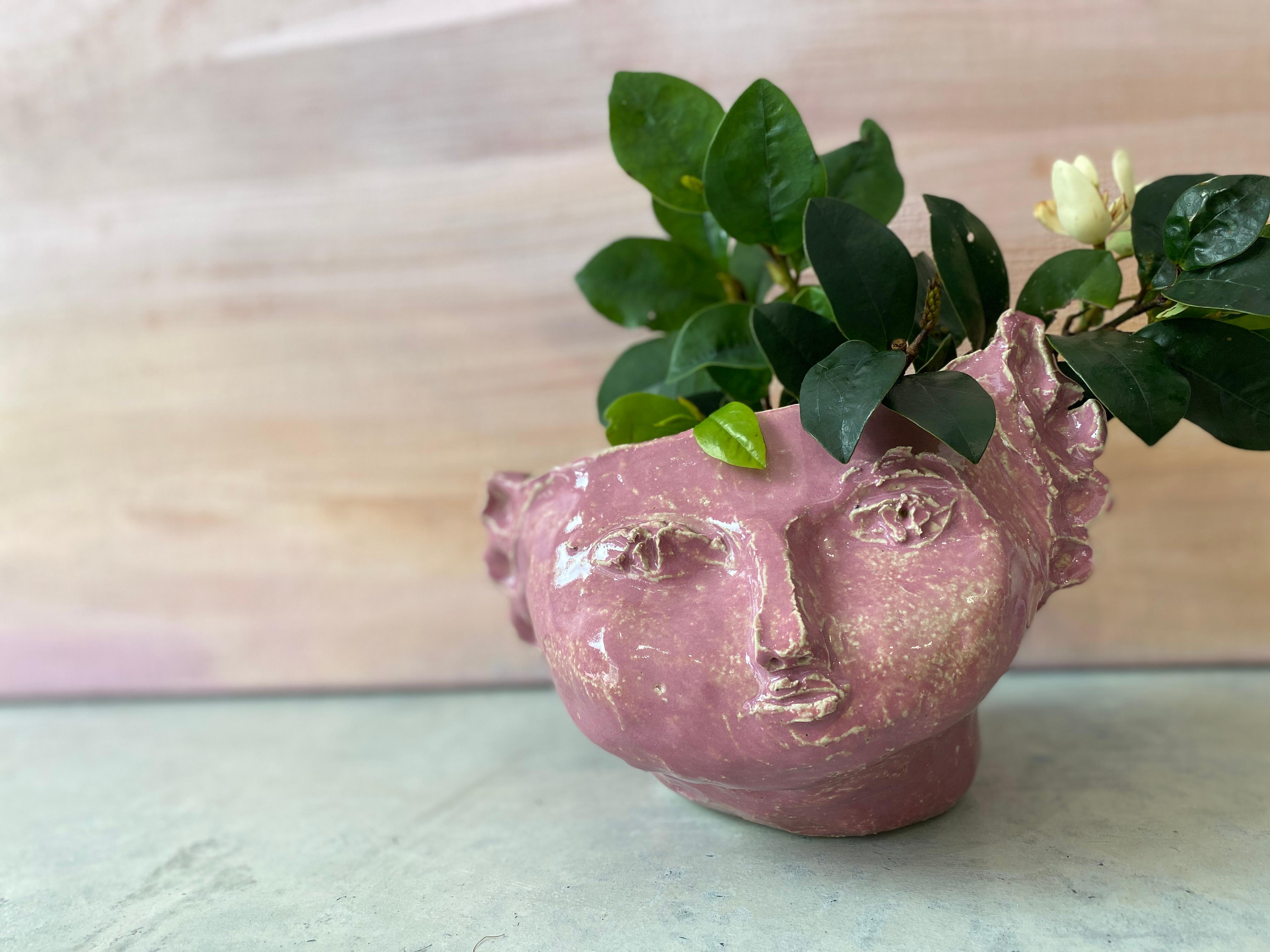 Pink sweet girl rustic wabi sabi hand sculpted glazed clay head face vessel vase For Sale 16