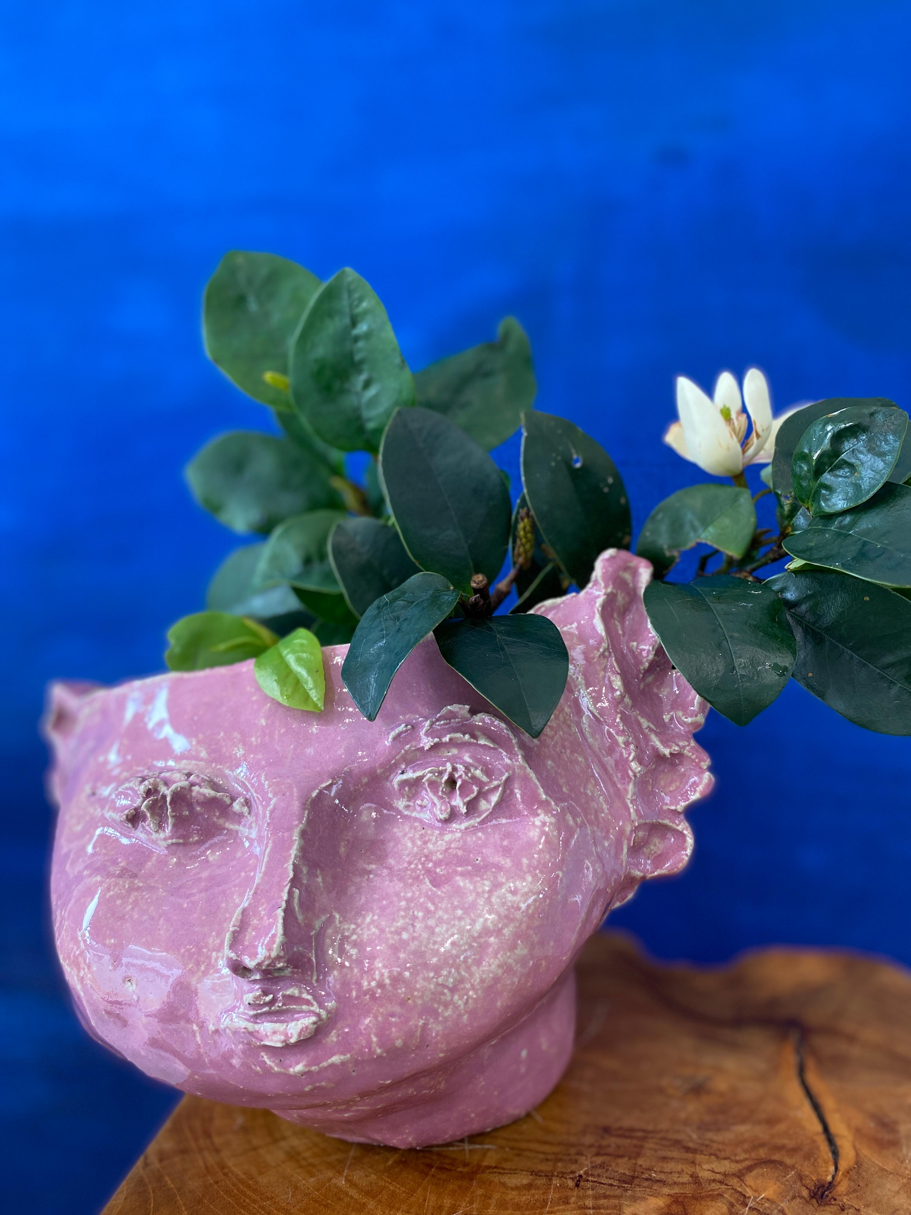 Pink sweet girl rustic wabi sabi hand sculpted glazed clay head face vessel vase - Contemporary Sculpture by Kathleen Rhee