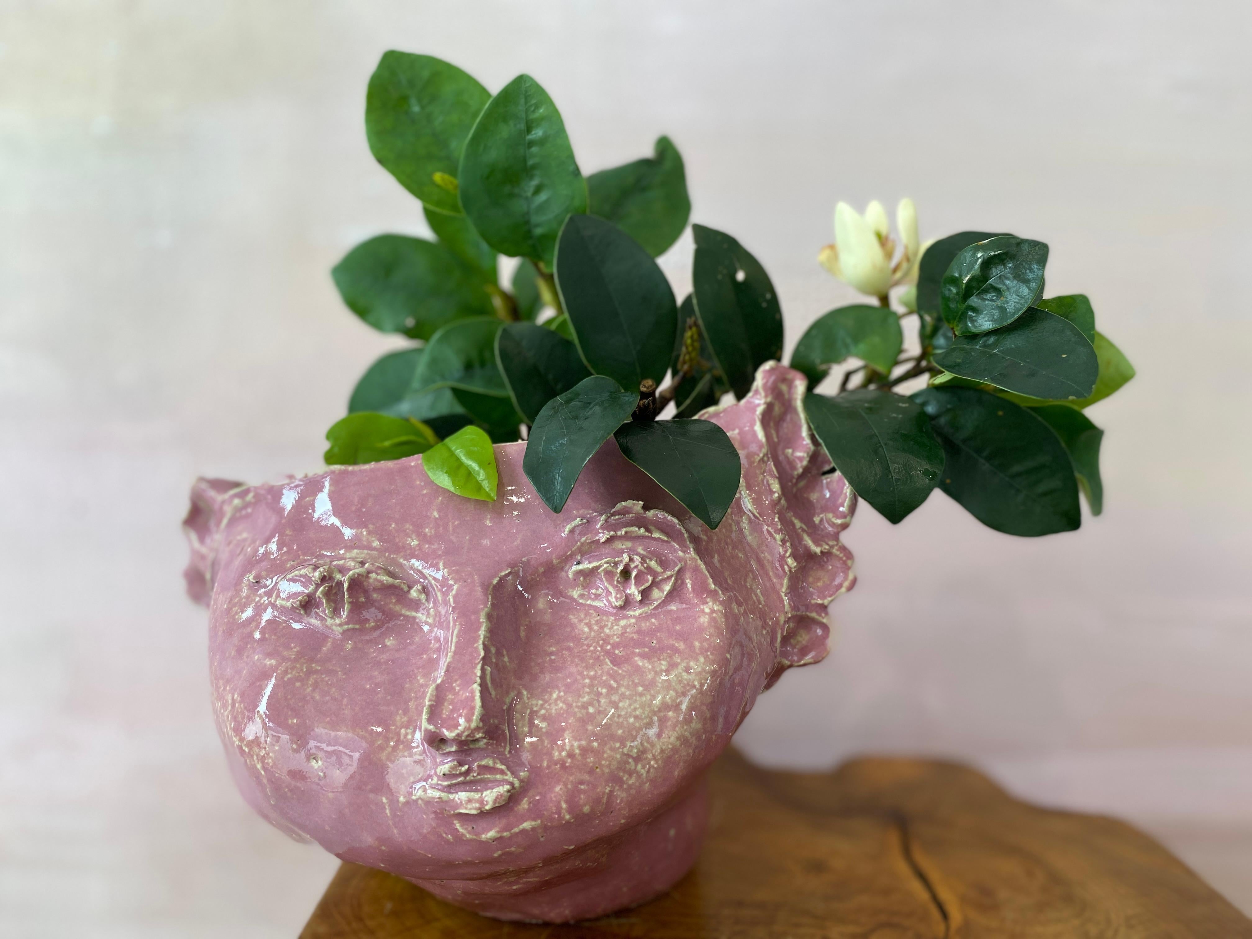Pink sweet girl rustic wabi sabi hand sculpted glazed clay head face vessel vase For Sale 1