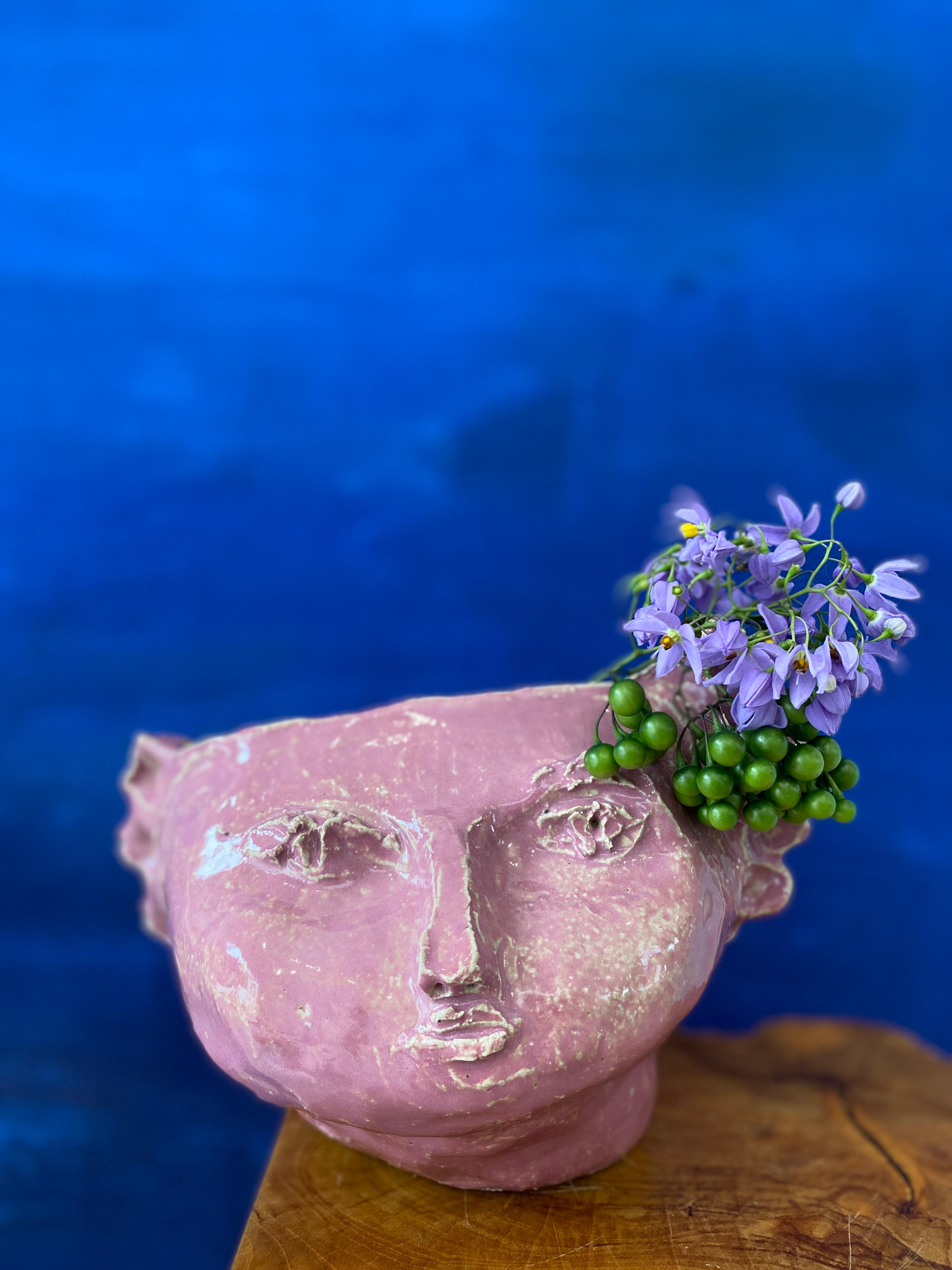 Pink sweet girl rustic wabi sabi hand sculpted glazed clay head face vessel vase For Sale 3