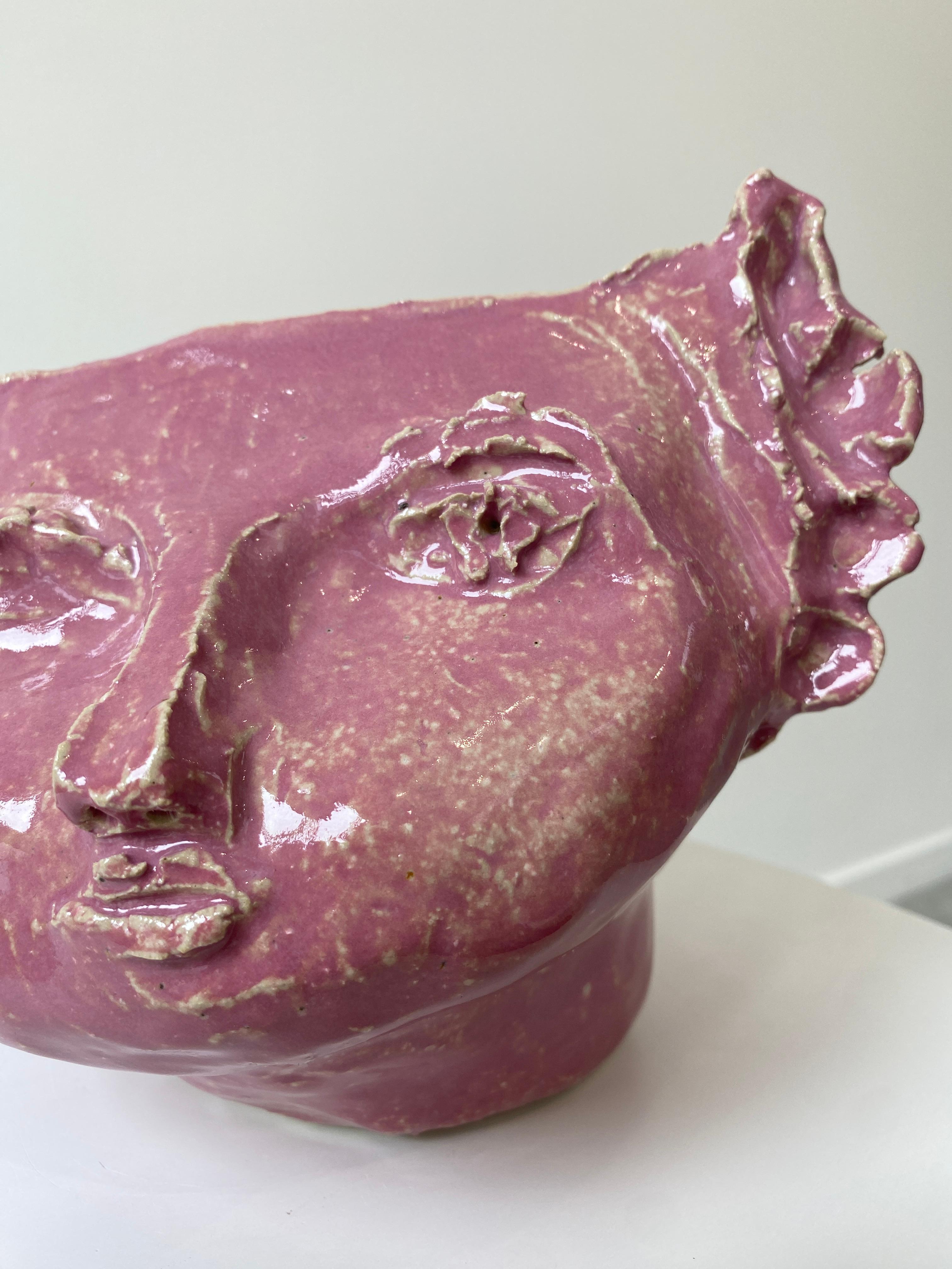Pink sweet girl rustic wabi sabi hand sculpted glazed clay head face vessel vase For Sale 4