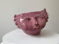 Vintage Pink sweet girl rustic wabi sabi hand sculpted glazed clay head face vessel vase