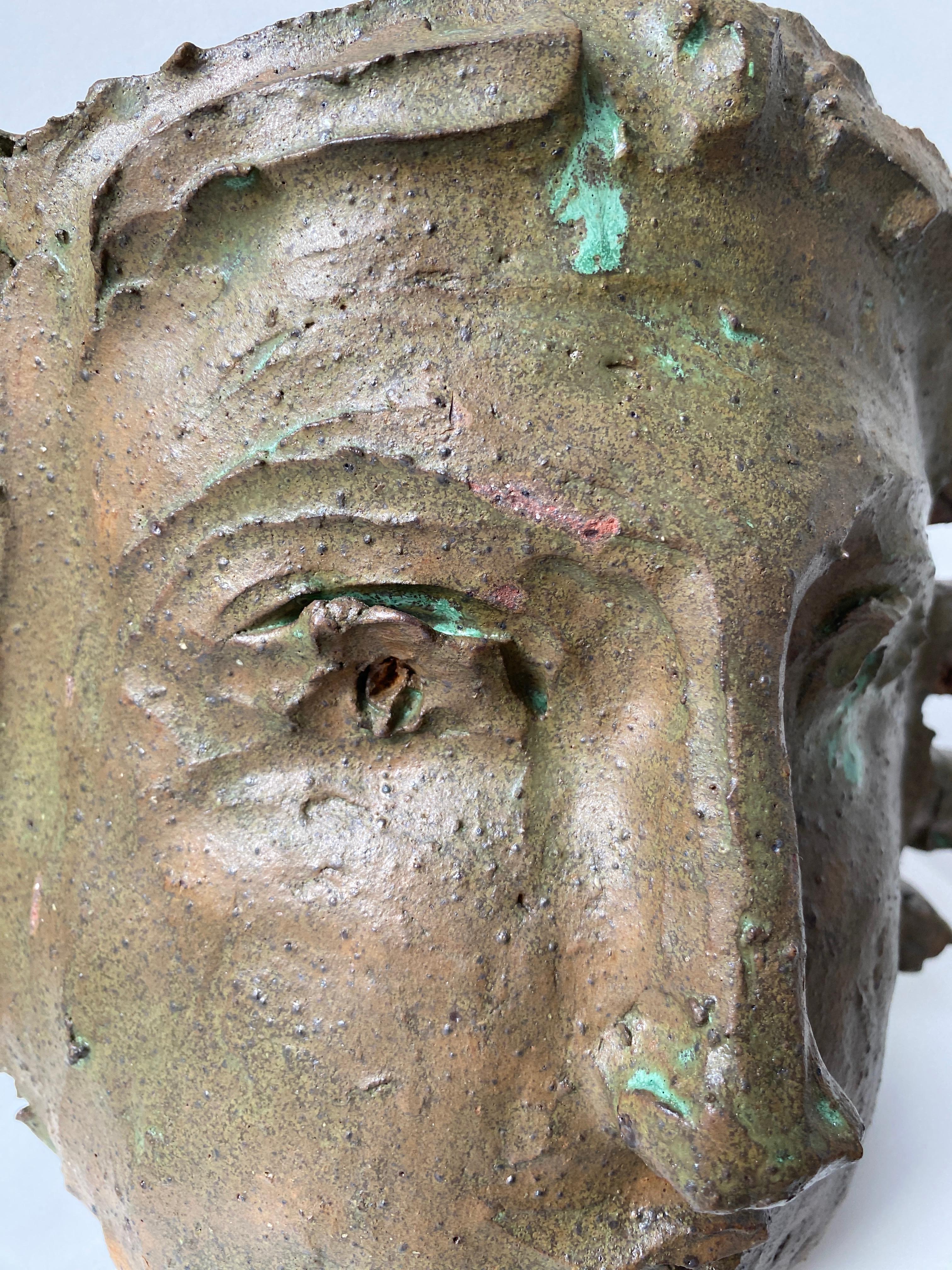 Tan Green face rustic wabi sabi hand sculpted glazed clay face vessel head 10