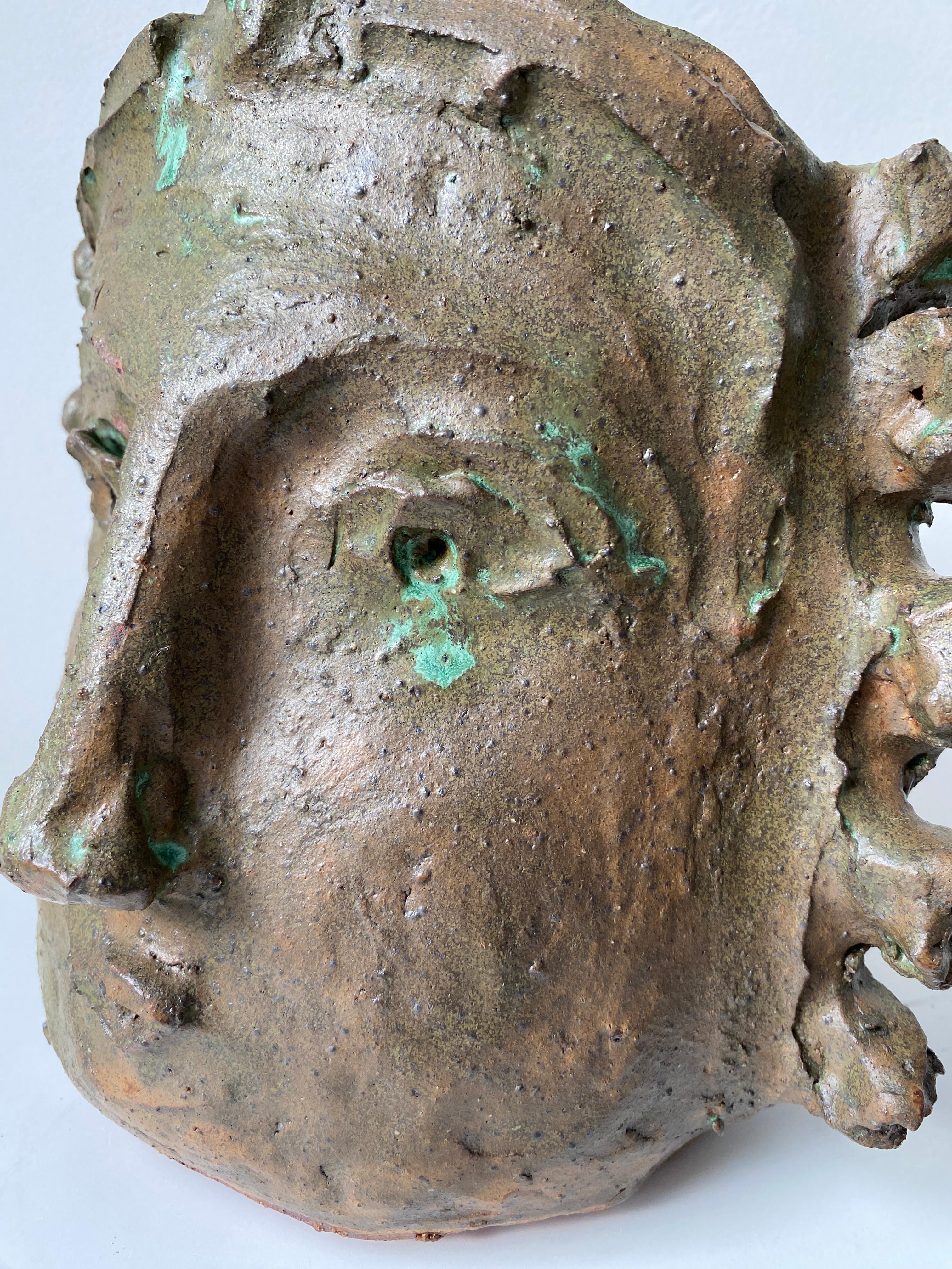 Tan Green face rustic wabi sabi hand sculpted glazed clay face vessel head 11