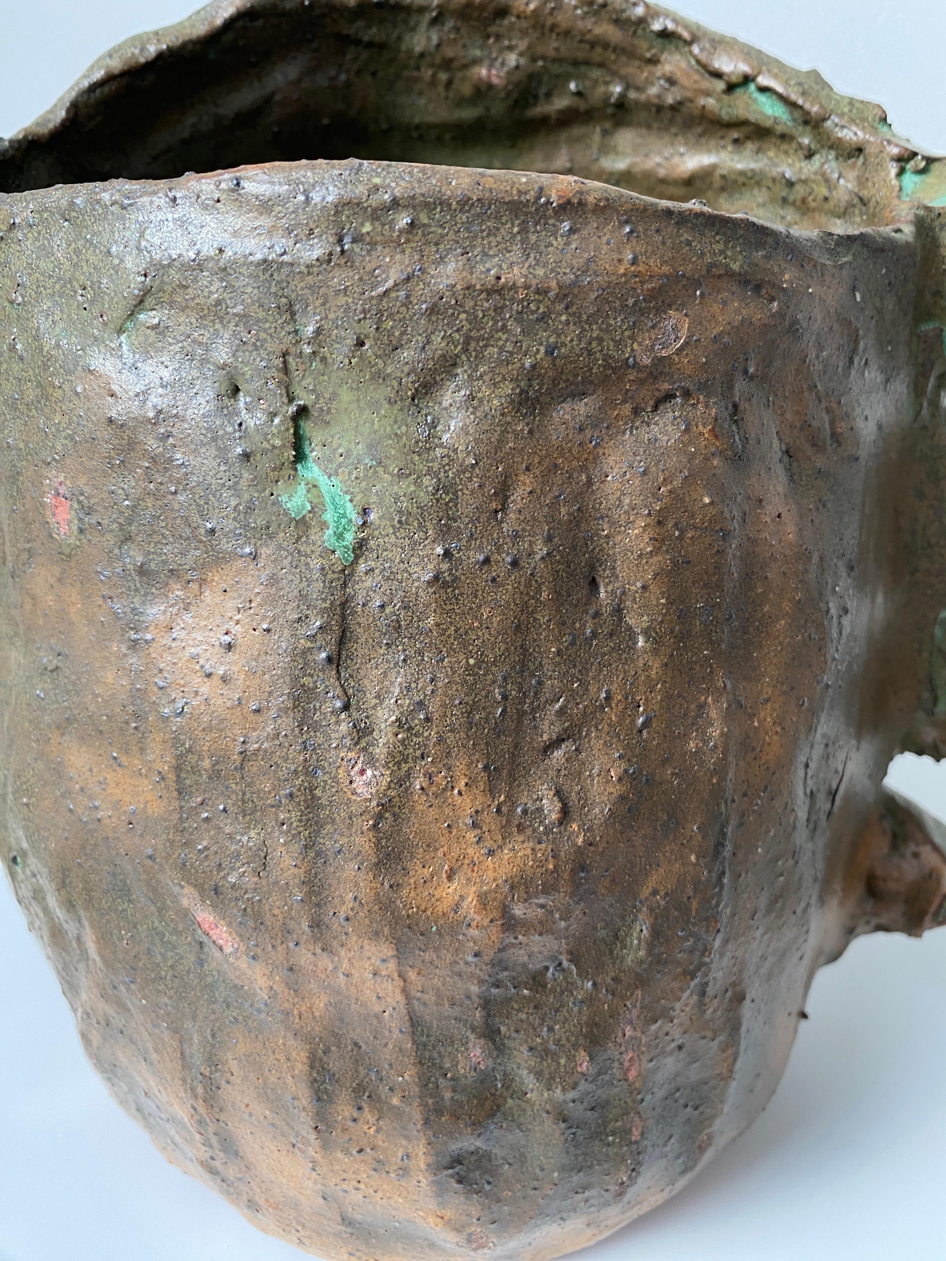 Tan Green face rustic wabi sabi hand sculpted glazed clay face vessel head 12