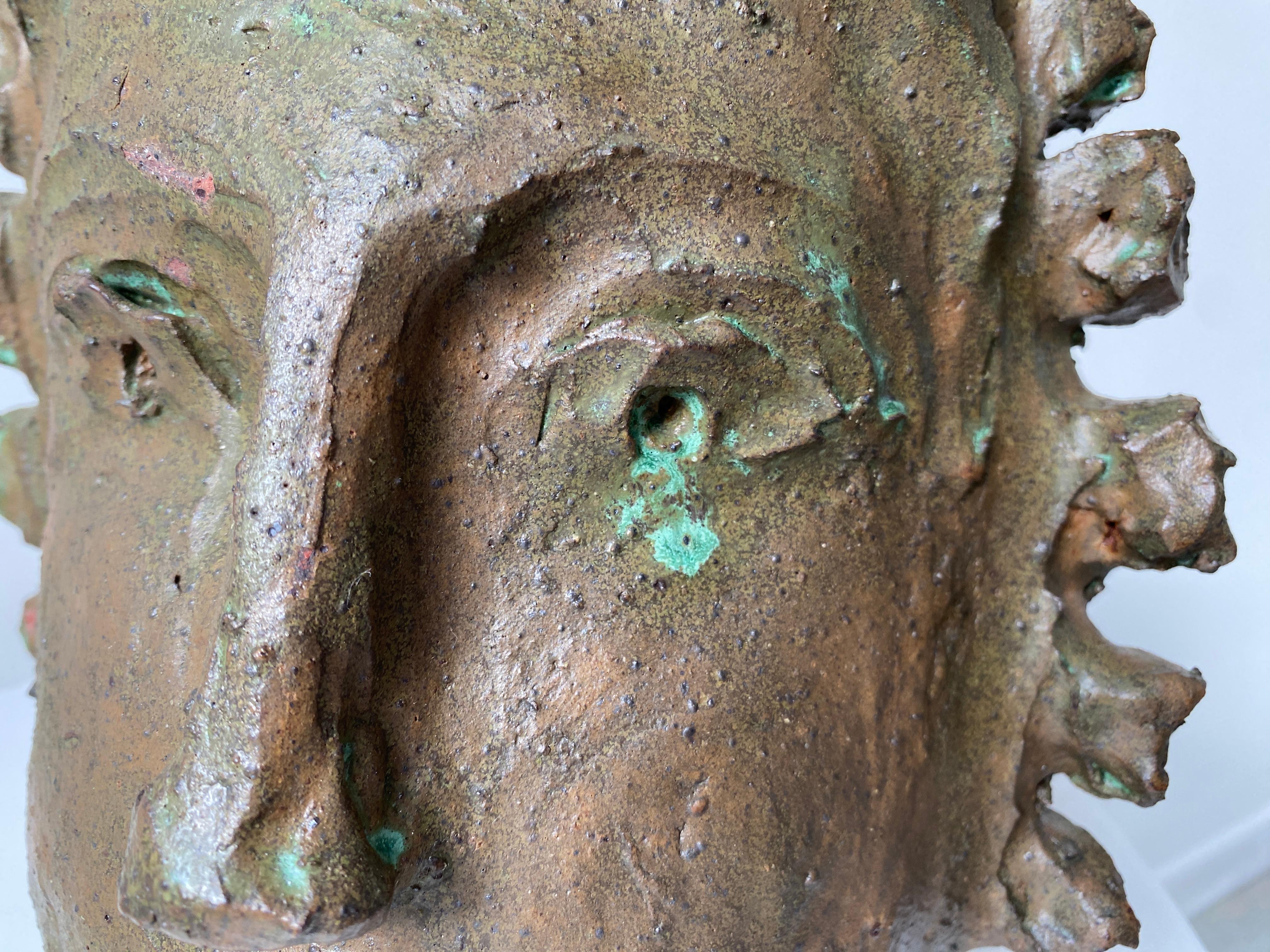 Tan Green face rustic wabi sabi hand sculpted glazed clay face vessel head 14