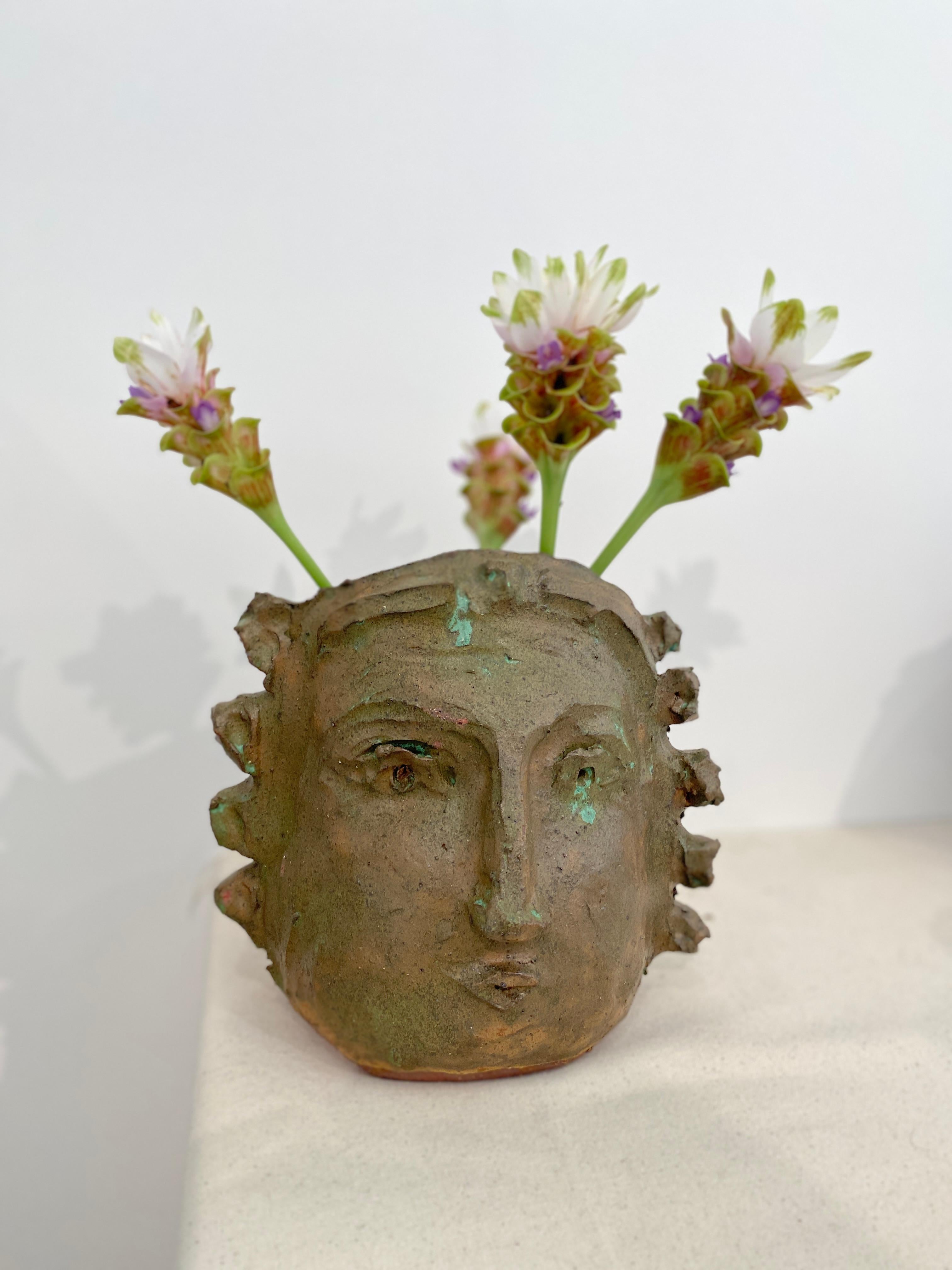 Tan Green face rustic wabi sabi hand sculpted glazed clay face vessel head 15