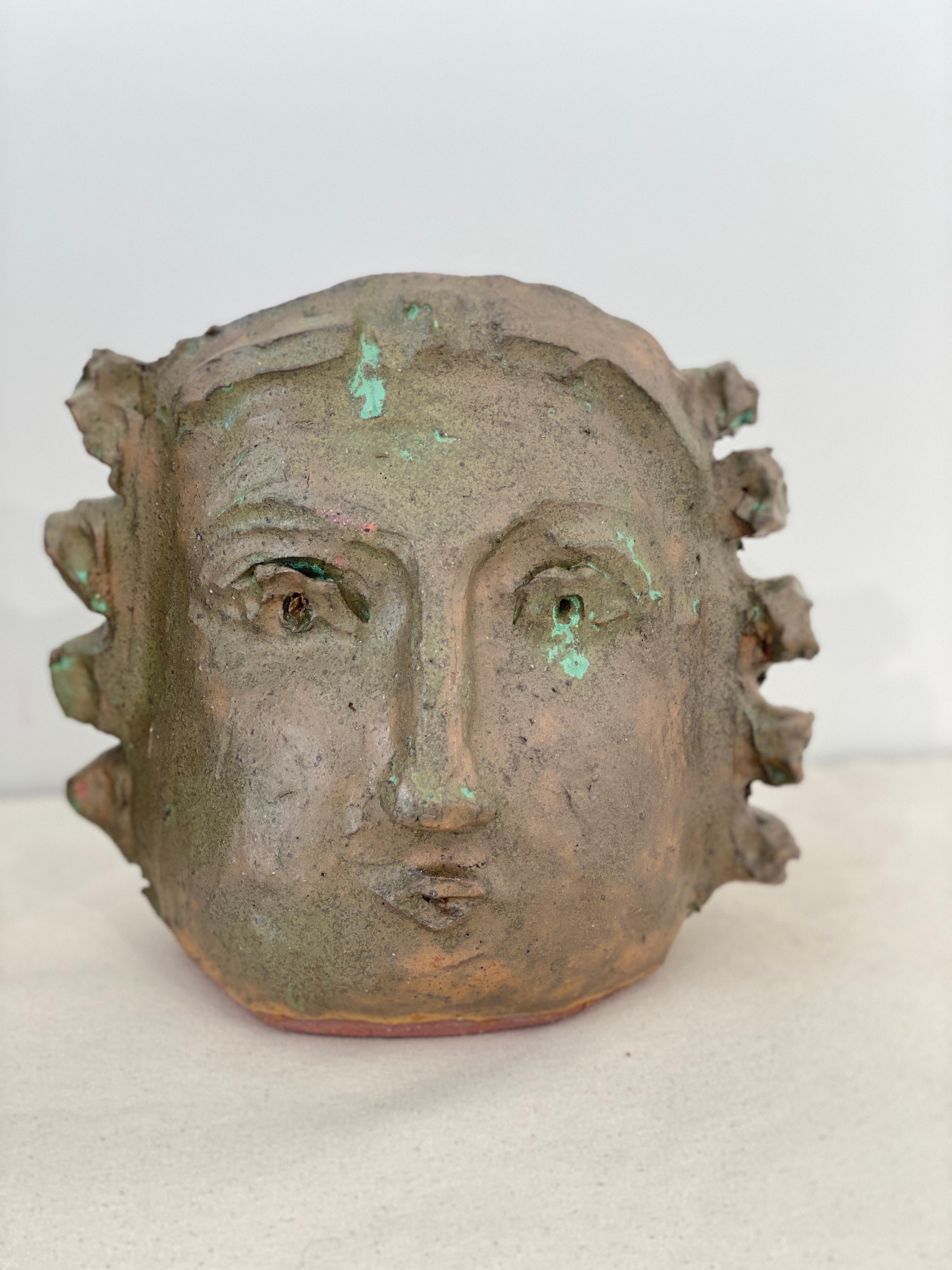 Tan Green face rustic wabi sabi hand sculpted glazed clay face vessel head - Sculpture by Kathleen Rhee