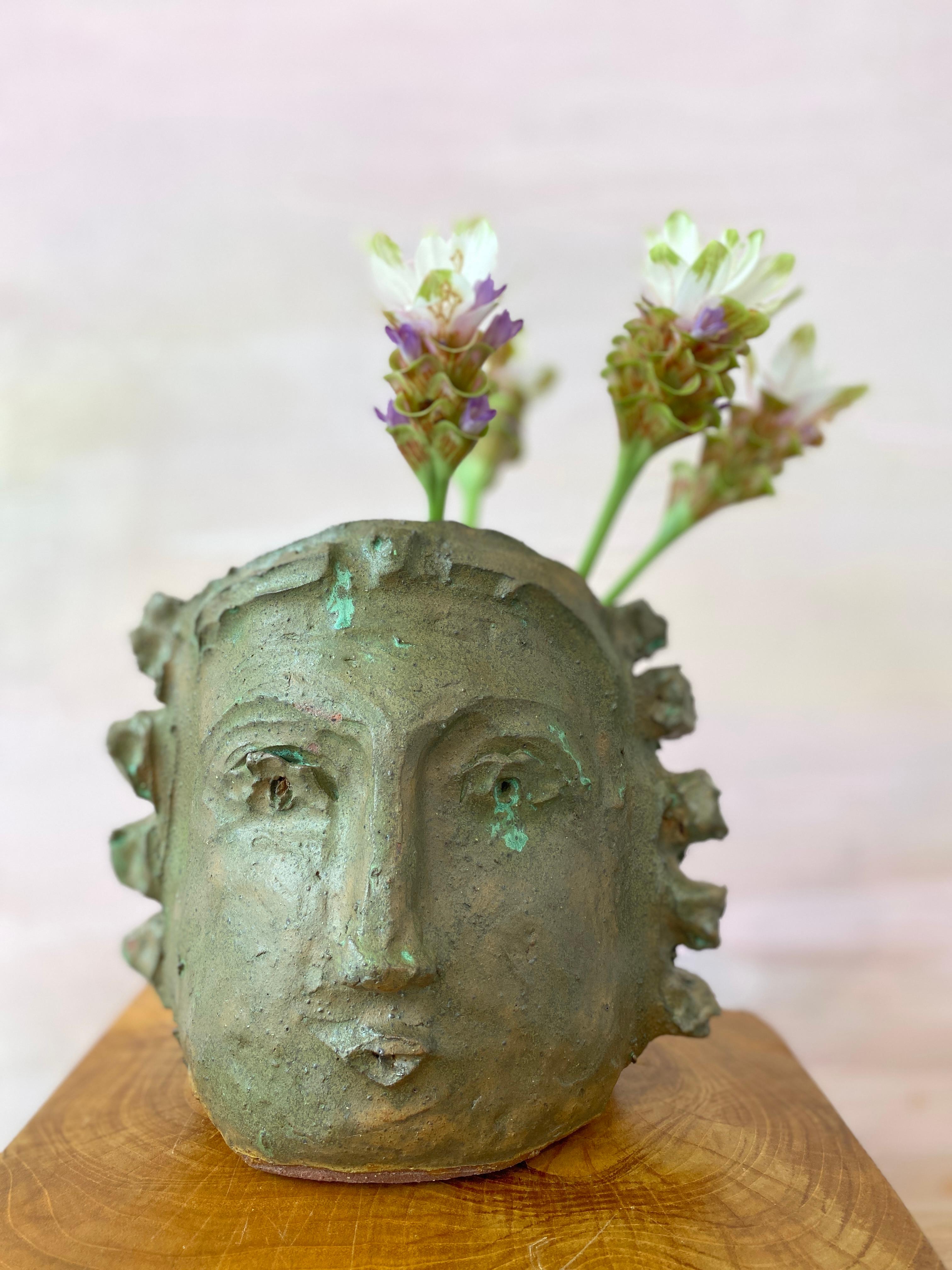 Tan Green face rustic wabi sabi hand sculpted glazed clay face vessel head 16