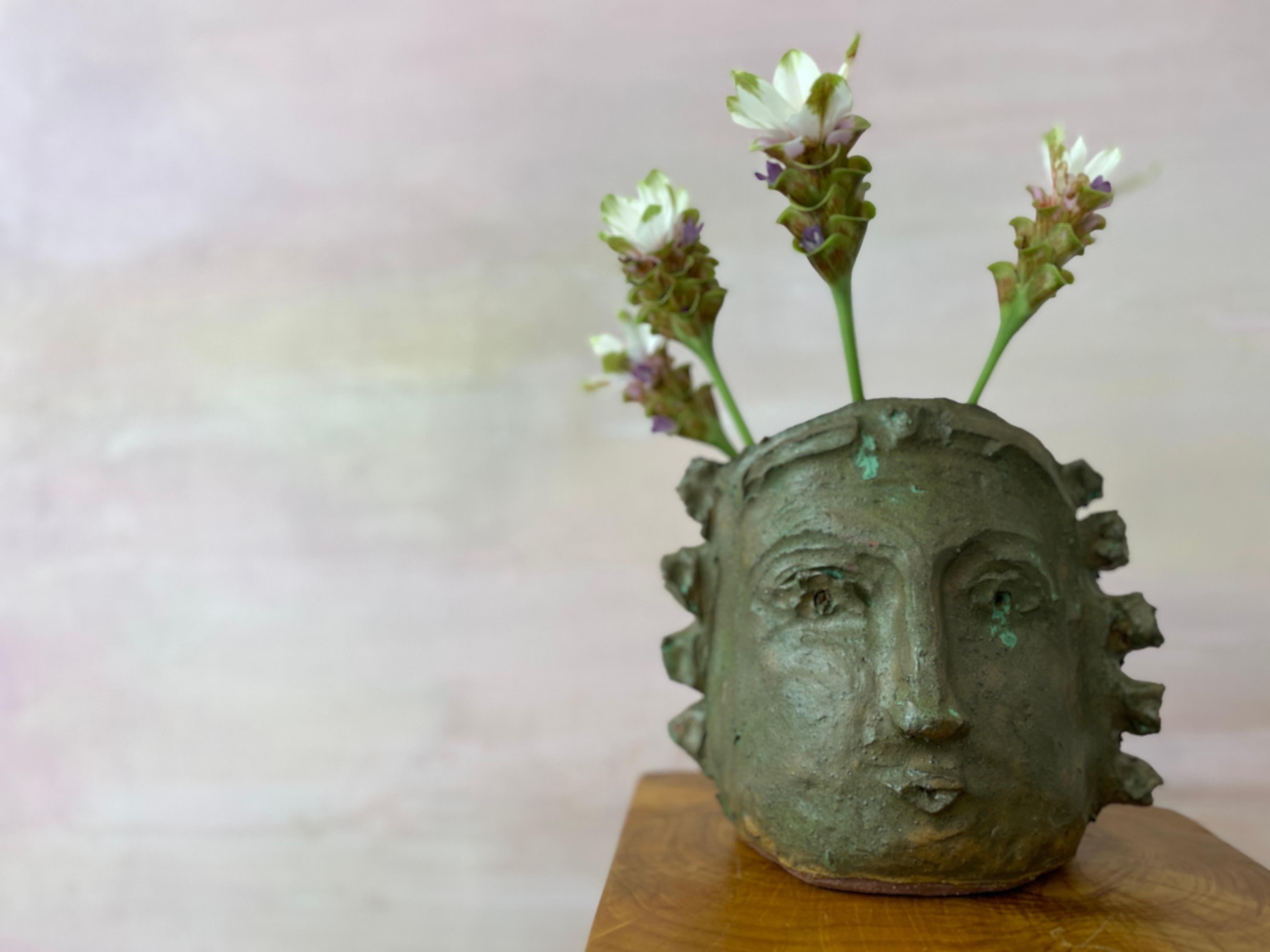 Tan Green face rustic wabi sabi hand sculpted glazed clay face vessel head - Contemporary Sculpture by Kathleen Rhee